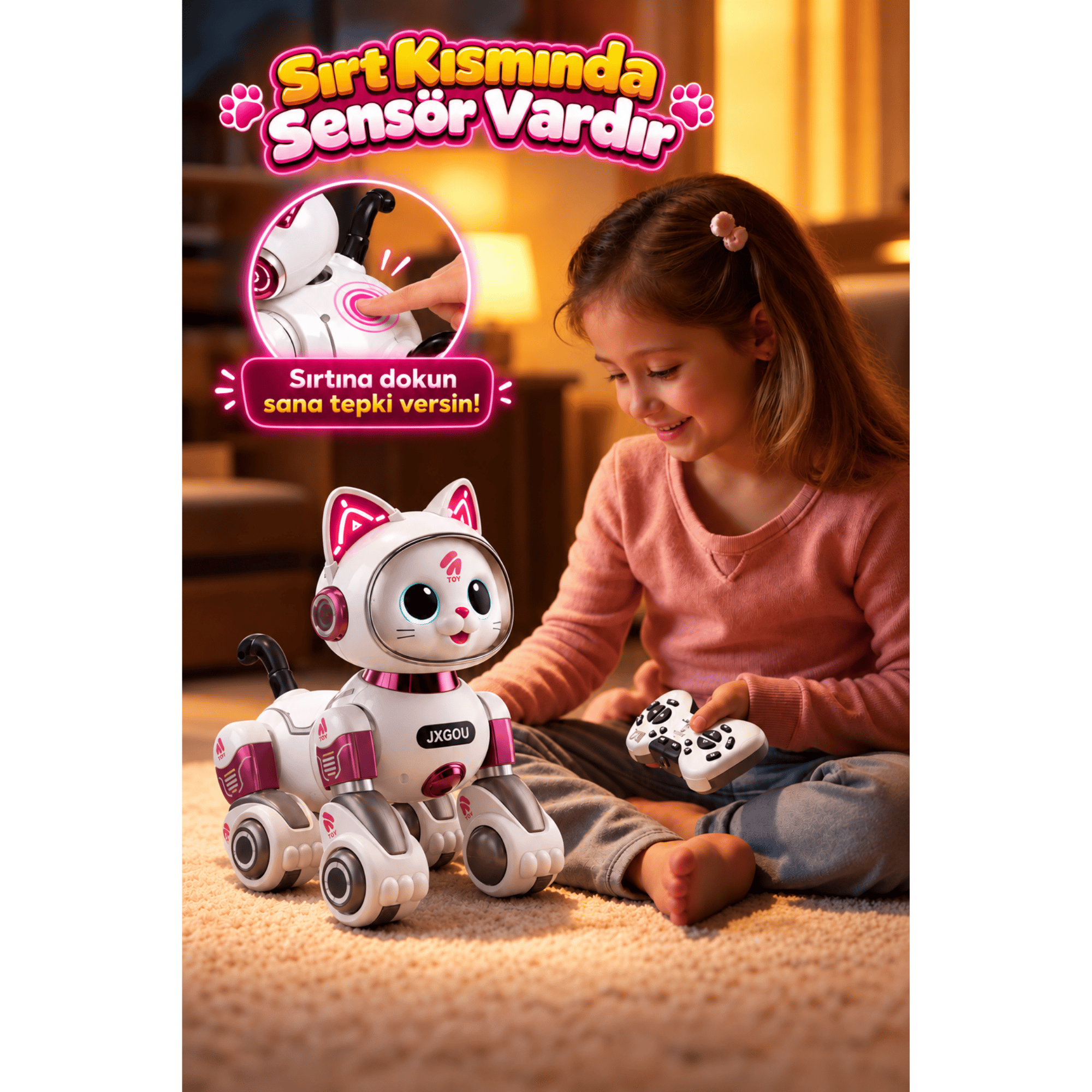 Oyuncak Uzaktan Kumandalı Sensörlü Akıllı Robot Kedi İngilizce Sesli Komutlu Şarjlı Işıklı Sesli Dans Eden Programlanabilir Full Fonksiyon RC Kedi (Pembe)