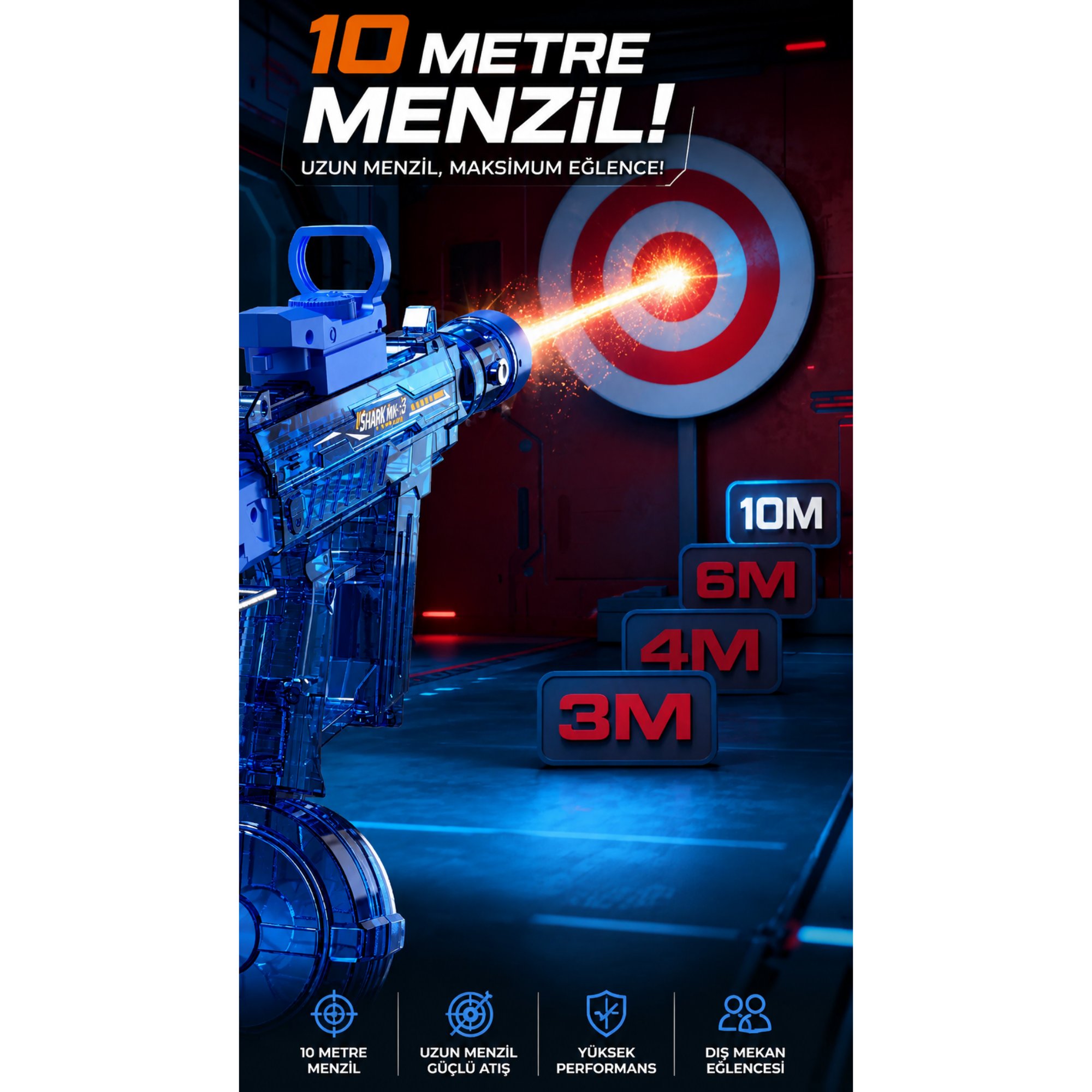 Şarjlı Tam Otomatik Işıklı Su Tabancası 51 CM Metal Destekli 10 Metre Menzilli LED Susturuculu Mavi & Siyah