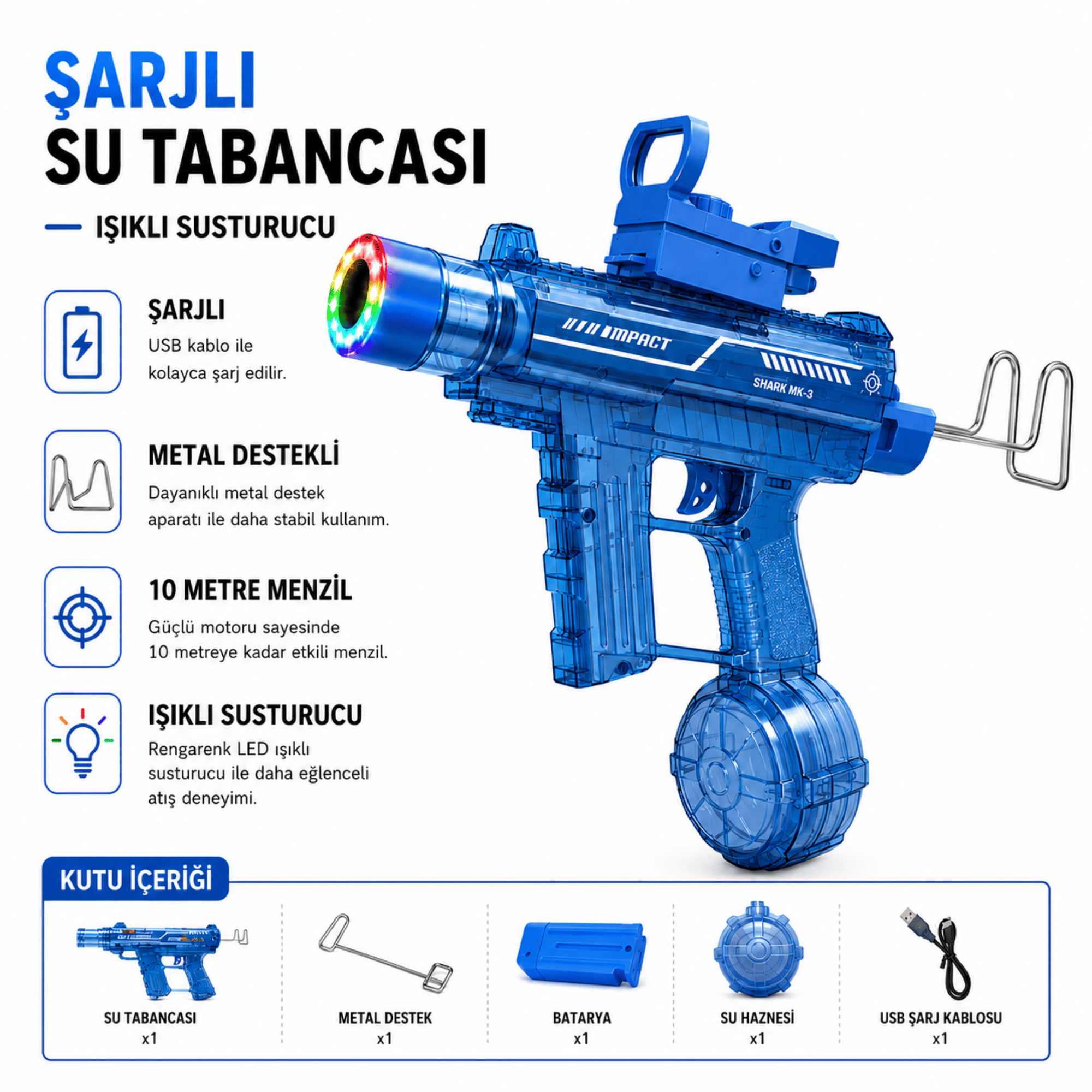 Şarjlı Tam Otomatik Işıklı Su Tabancası 51 CM Metal Destekli 10 Metre Menzilli LED Susturuculu Mavi & Siyah