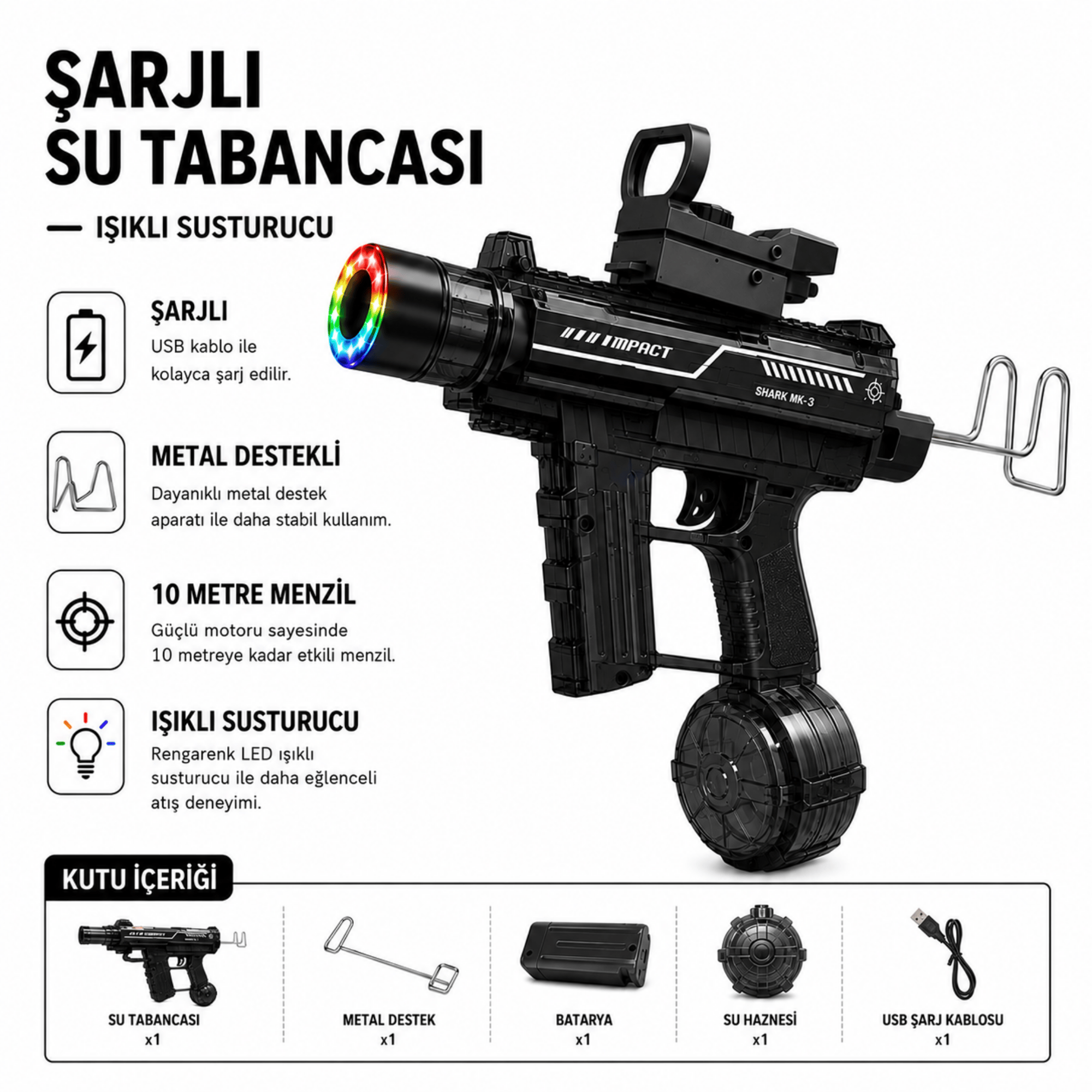 Şarjlı Tam Otomatik Işıklı Su Tabancası 51 CM Metal Destekli 10 Metre Menzilli LED Susturuculu Mavi & Siyah