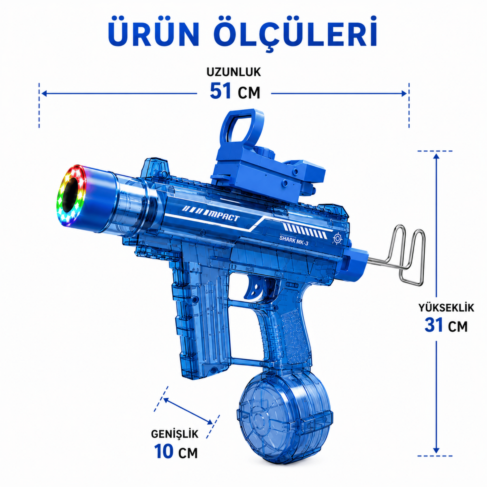 Şarjlı Tam Otomatik Işıklı Su Tabancası 51 CM Metal Destekli 10 Metre Menzilli LED Susturuculu Mavi & Siyah