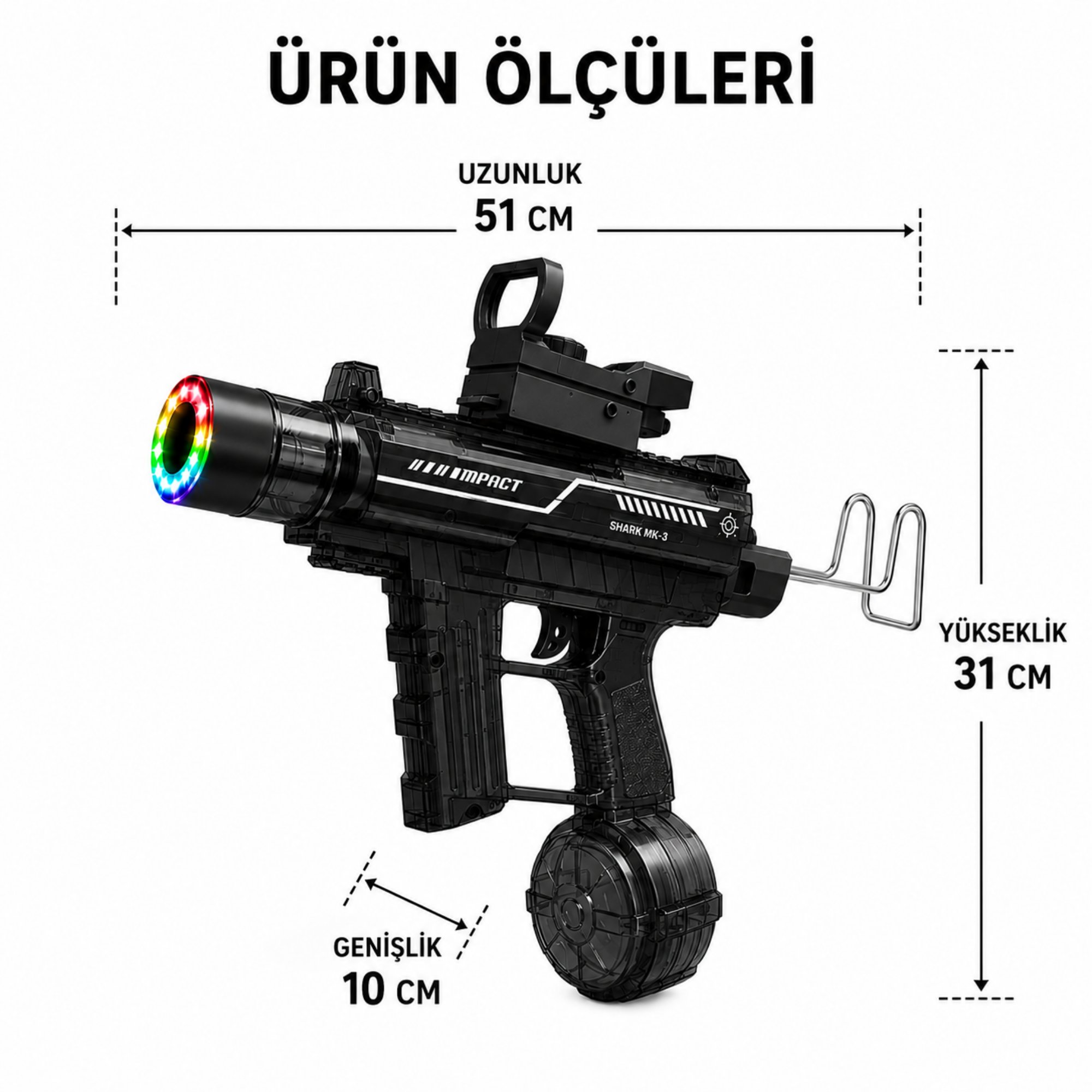 Şarjlı Tam Otomatik Işıklı Su Tabancası 51 CM Metal Destekli 10 Metre Menzilli LED Susturuculu Mavi & Siyah