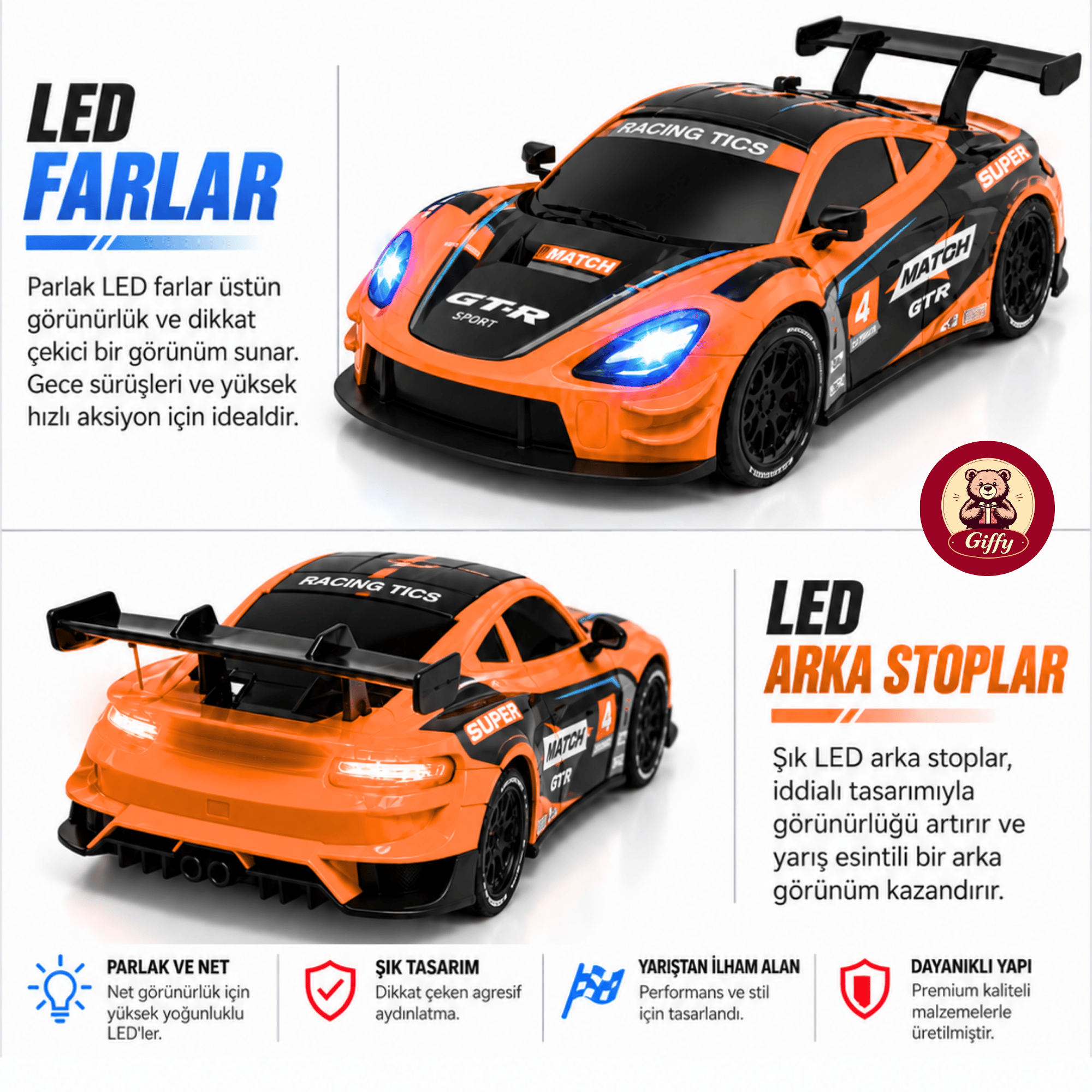 Uzaktan Kumandalı 2 Teker Kıvılcım Efektli Drift Yarış Arabası Şarjlı Led Işıklı Sesli RC Spor Araba Sert Malzemeden Üretilmiştir Gerçekçi Tasarım (Turuncu)