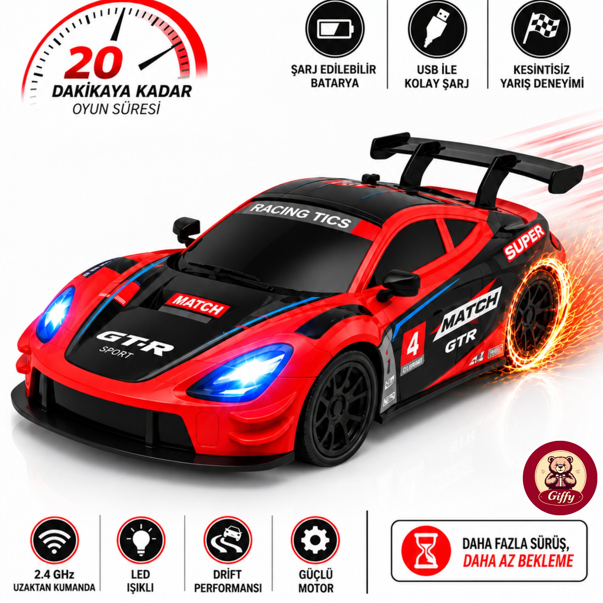 Uzaktan Kumandalı 2 Teker Kıvılcım Efektli Drift Yarış Arabası Şarjlı Led Işıklı Sesli RC Spor Araba Sert Malzemeden Üretilmiştir Gerçekçi Tasarım (Kırmızı)