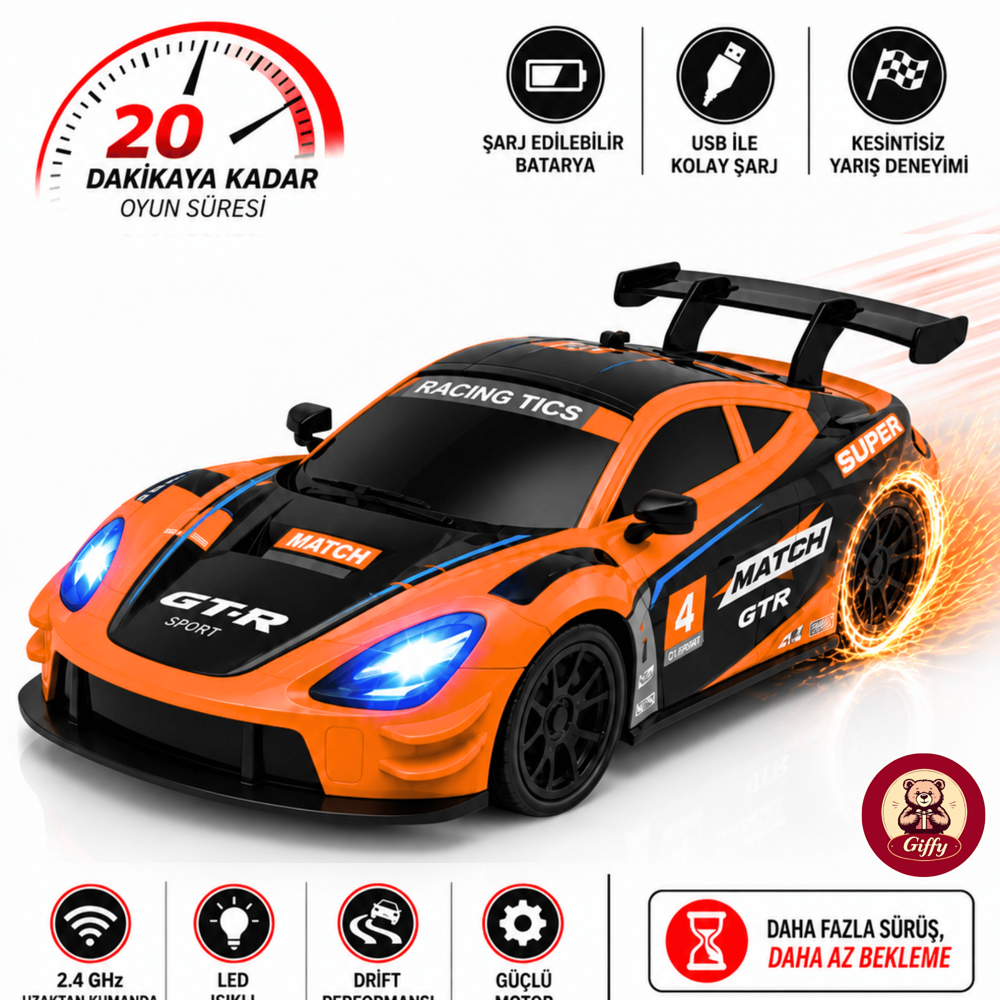 Uzaktan Kumandalı 2 Teker Kıvılcım Efektli Drift Yarış Arabası Şarjlı Led Işıklı Sesli RC Spor Araba Sert Malzemeden Üretilmiştir Gerçekçi Tasarım (Turuncu)