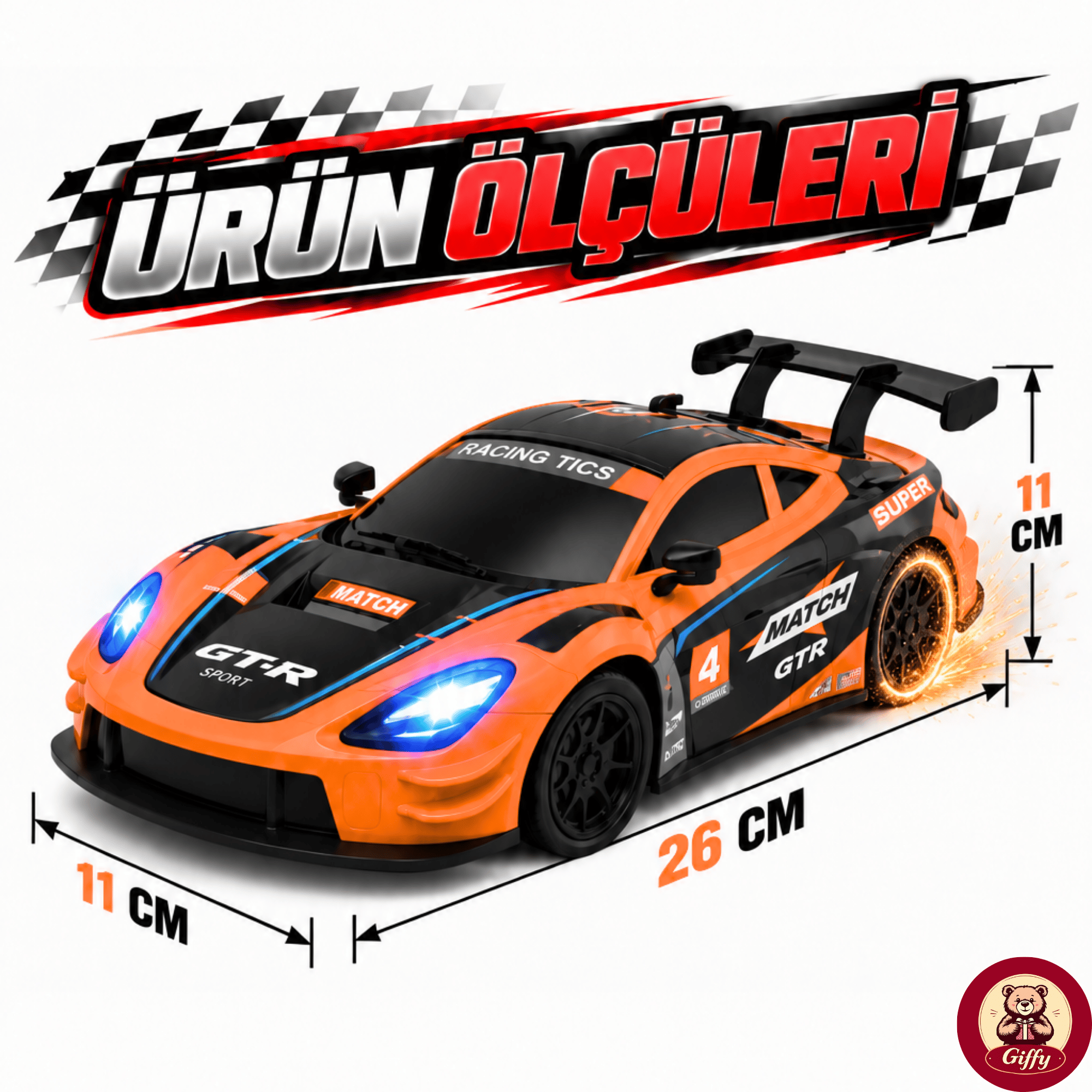 Uzaktan Kumandalı 2 Teker Kıvılcım Efektli Drift Yarış Arabası Şarjlı Led Işıklı Sesli RC Spor Araba Sert Malzemeden Üretilmiştir Gerçekçi Tasarım (Turuncu)