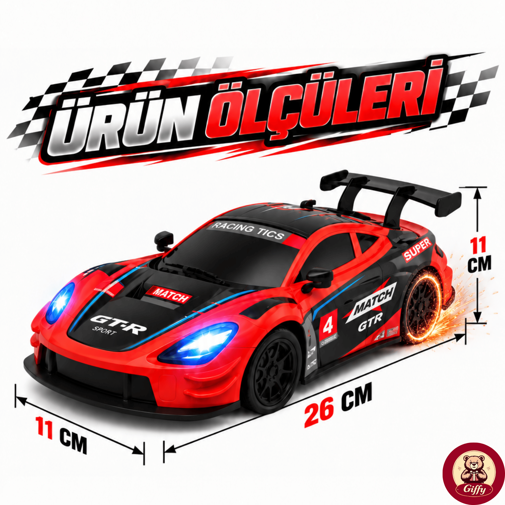 Uzaktan Kumandalı 2 Teker Kıvılcım Efektli Drift Yarış Arabası Şarjlı Led Işıklı Sesli RC Spor Araba Sert Malzemeden Üretilmiştir Gerçekçi Tasarım (Kırmızı)