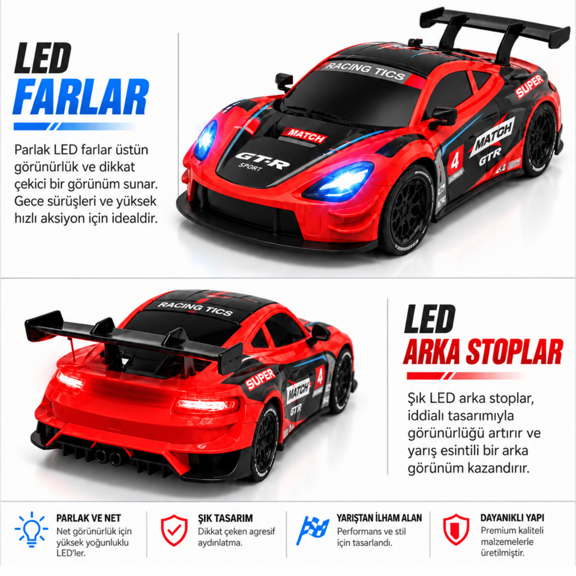 Uzaktan Kumandalı 2 Teker Kıvılcım Efektli Drift Yarış Arabası Şarjlı Led Işıklı Sesli RC Spor Araba Sert Malzemeden Üretilmiştir Gerçekçi Tasarım (Kırmızı)