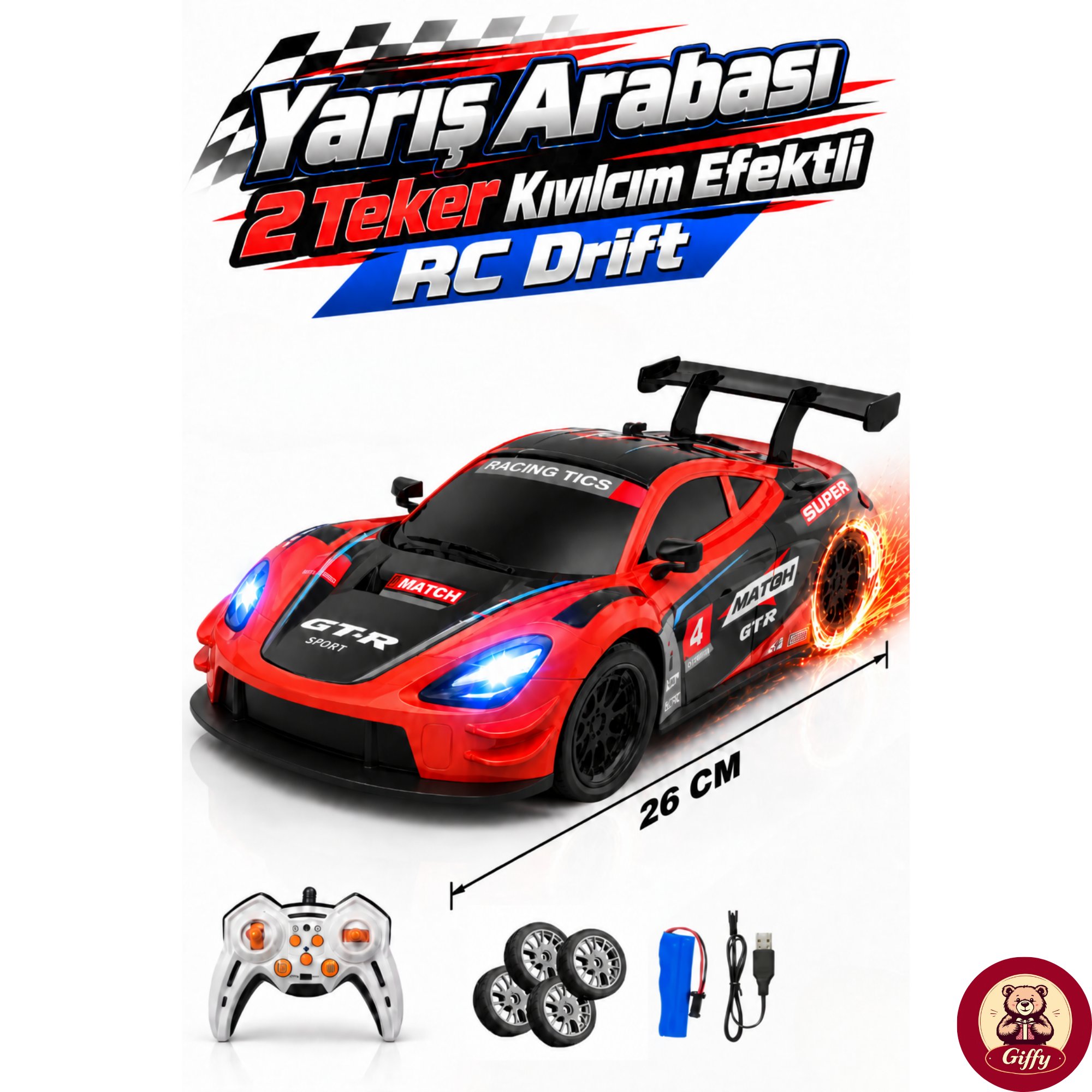 Uzaktan Kumandalı 2 Teker Kıvılcım Efektli Drift Yarış Arabası Şarjlı Led Işıklı Sesli RC Spor Araba Sert Malzemeden Üretilmiştir Gerçekçi Tasarım (Kırmızı)
