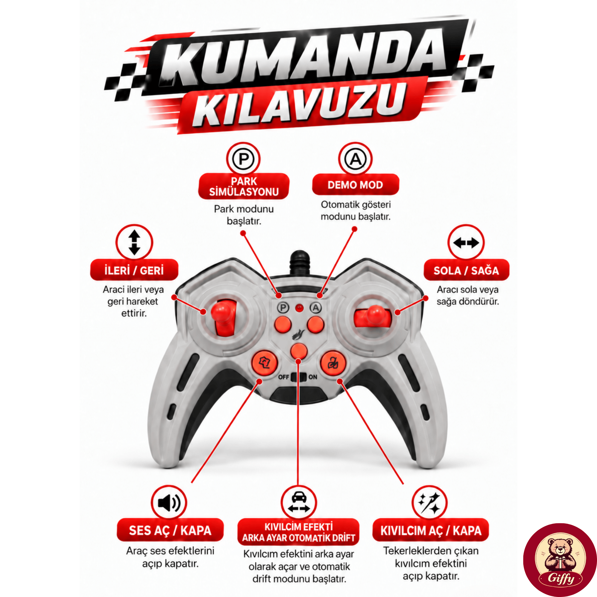 Uzaktan Kumandalı 2 Teker Kıvılcım Efektli Drift Yarış Arabası Şarjlı Led Işıklı Sesli RC Spor Araba Sert Malzemeden Üretilmiştir Gerçekçi Tasarım (Kırmızı)