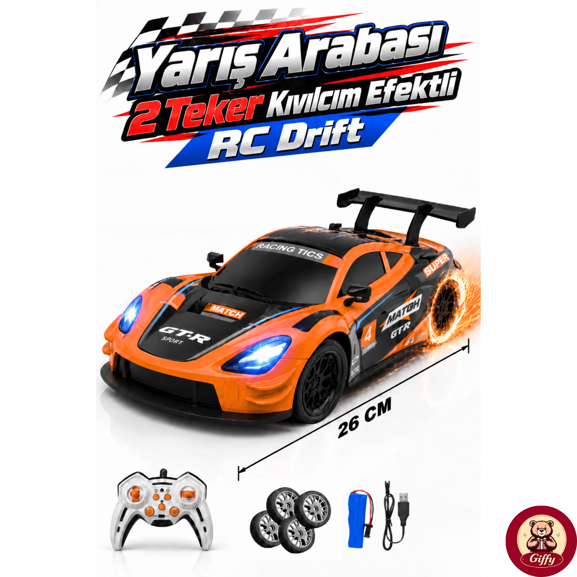 Uzaktan Kumandalı 2 Teker Kıvılcım Efektli Drift Yarış Arabası Şarjlı Led Işıklı Sesli RC Spor Araba Sert Malzemeden Üretilmiştir Gerçekçi Tasarım (Turuncu)