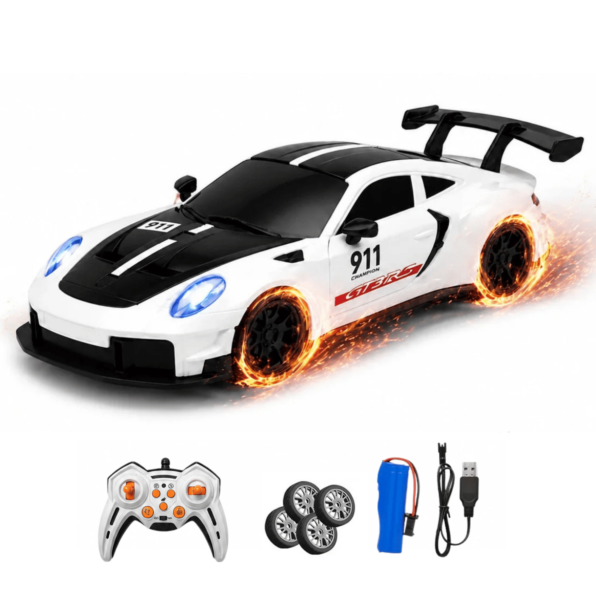 Uzaktan Kumandalı 4 Teker Kıvılcım Efektli Porsche Model Drift Arabası Şarjlı Işıklı Sesli RC Spor Araba Sert Dayanıklı Malzemeden Üretilmiş (Beyaz)