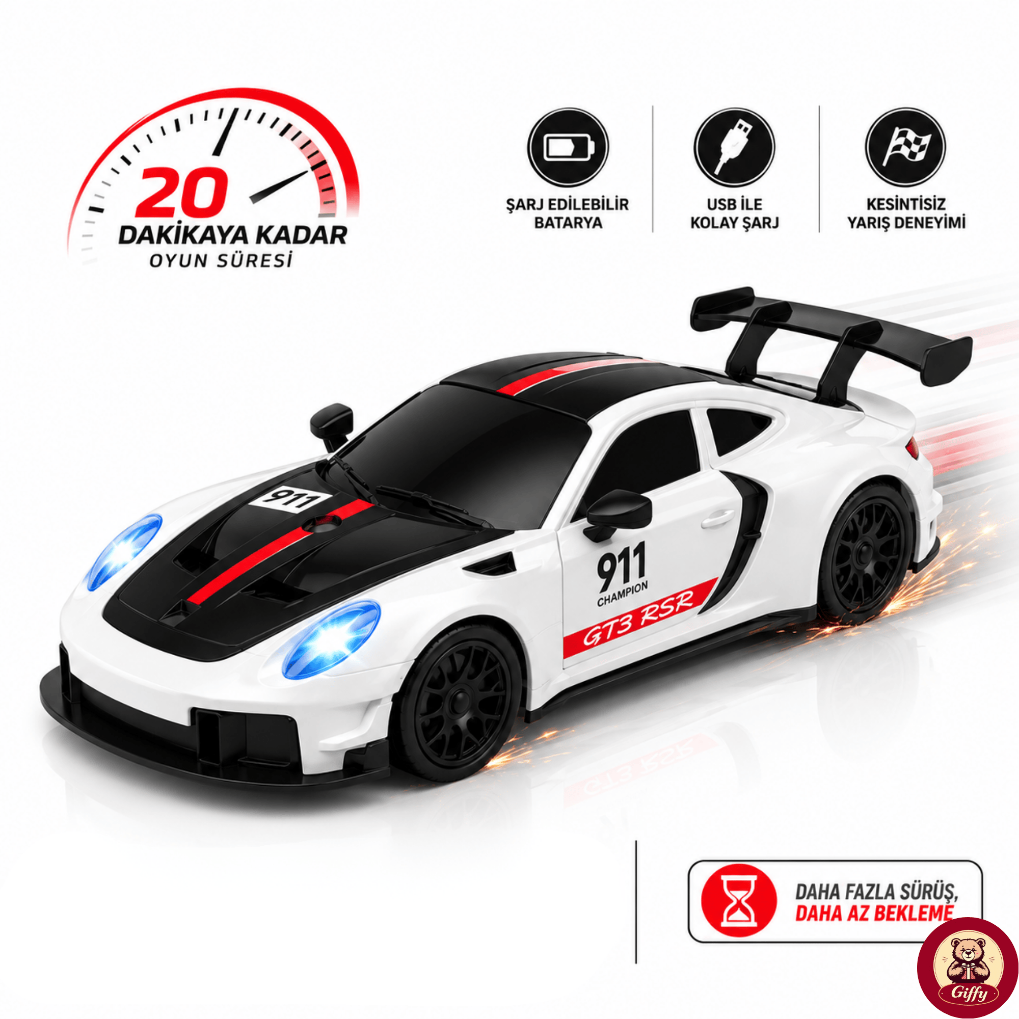 Uzaktan Kumandalı 4 Teker Kıvılcım Efektli Porsche Model Drift Arabası Şarjlı Işıklı Sesli RC Spor Araba Sert Dayanıklı Malzemeden Üretilmiş (Beyaz)