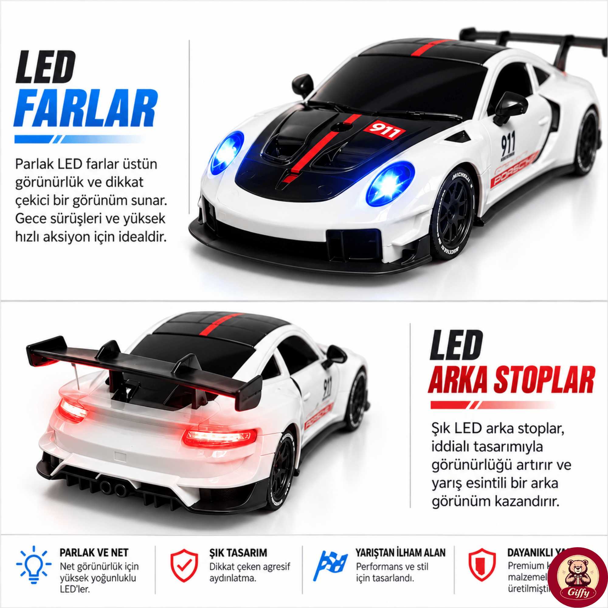 Uzaktan Kumandalı 4 Teker Kıvılcım Efektli Porsche Model Drift Arabası Şarjlı Işıklı Sesli RC Spor Araba Sert Dayanıklı Malzemeden Üretilmiş (Beyaz)