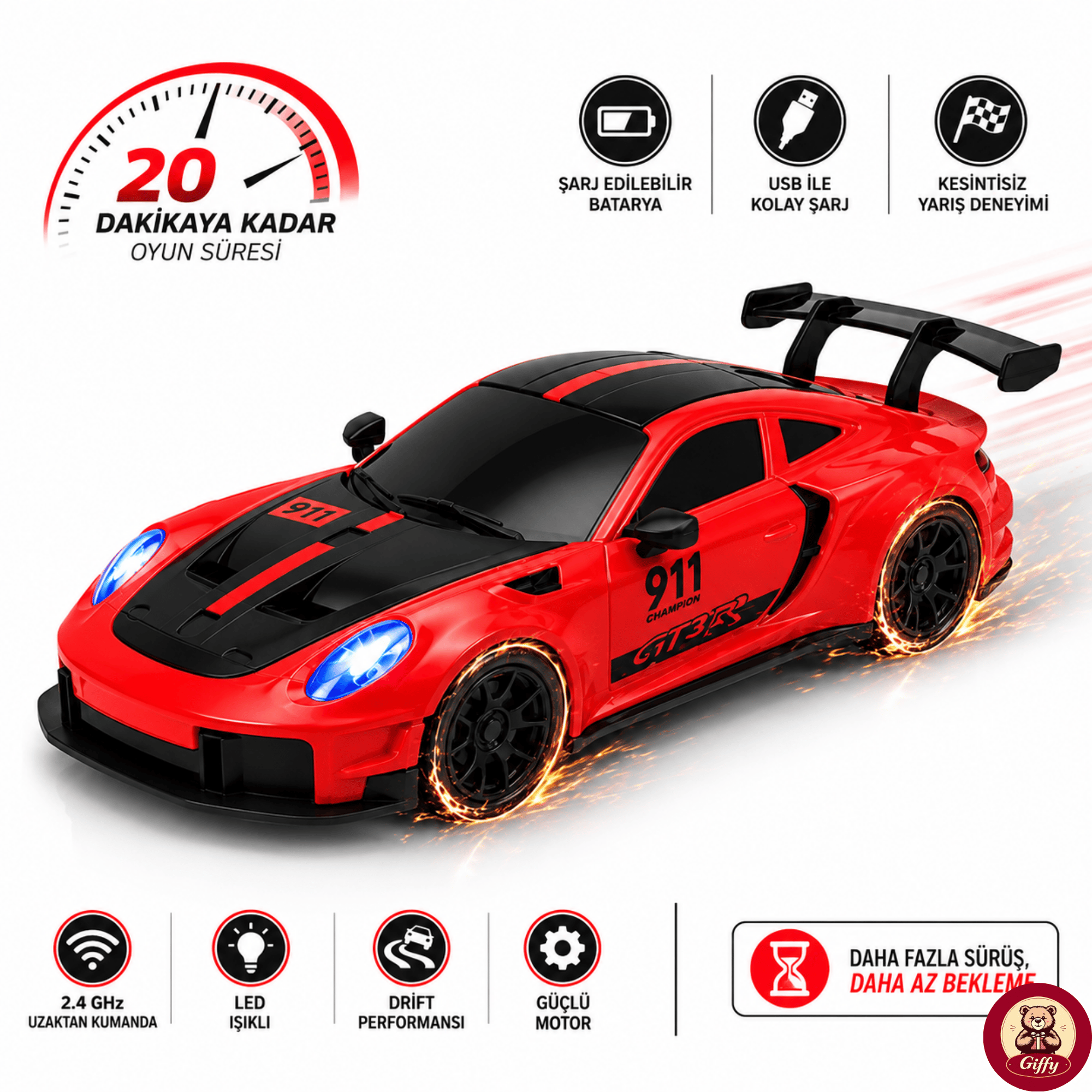 Uzaktan Kumandalı 4 Teker Kıvılcım Efektli Porsche Model Drift Arabası Şarjlı Işıklı Sesli RC Spor Araba Sert Dayanıklı Malzemeden Üretilmiş (Kırmızı)