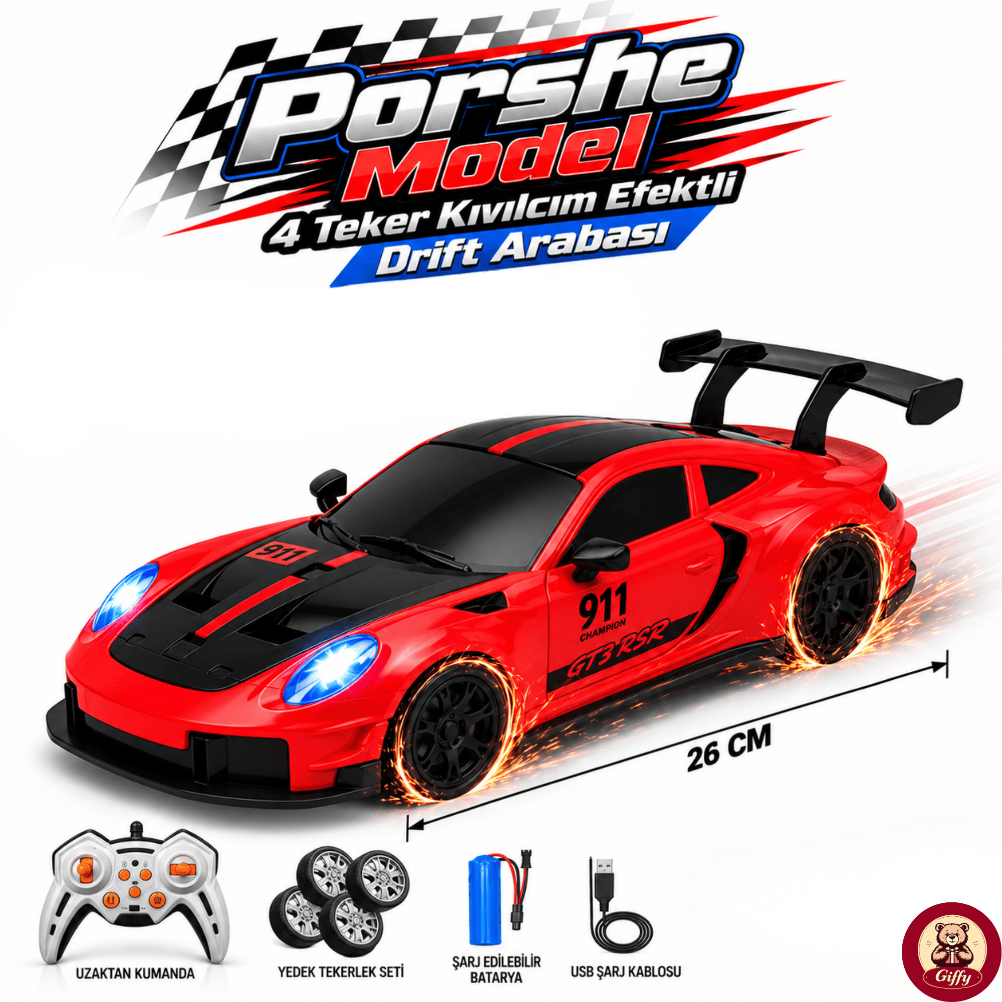 Uzaktan Kumandalı 4 Teker Kıvılcım Efektli Porsche Model Drift Arabası Şarjlı Işıklı Sesli RC Spor Araba Sert Dayanıklı Malzemeden Üretilmiş (Kırmızı)