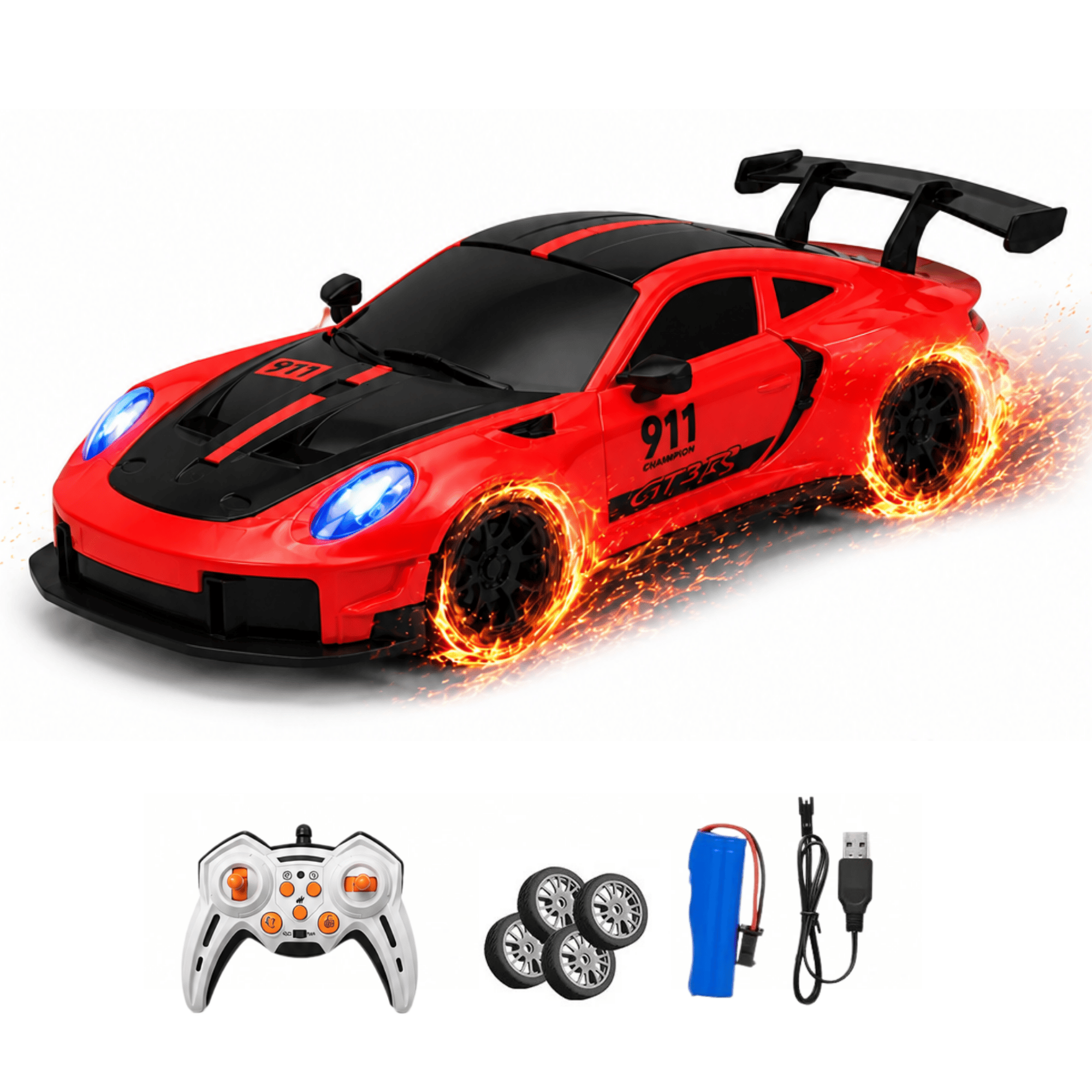 Uzaktan Kumandalı 4 Teker Kıvılcım Efektli Porsche Model Drift Arabası Şarjlı Işıklı Sesli RC Spor Araba Sert Dayanıklı Malzemeden Üretilmiş (Kırmızı)