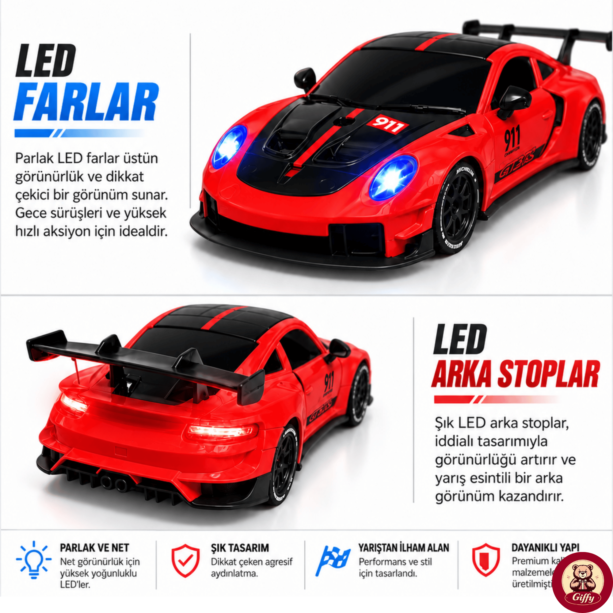 Uzaktan Kumandalı 4 Teker Kıvılcım Efektli Porsche Model Drift Arabası Şarjlı Işıklı Sesli RC Spor Araba Sert Dayanıklı Malzemeden Üretilmiş (Kırmızı)