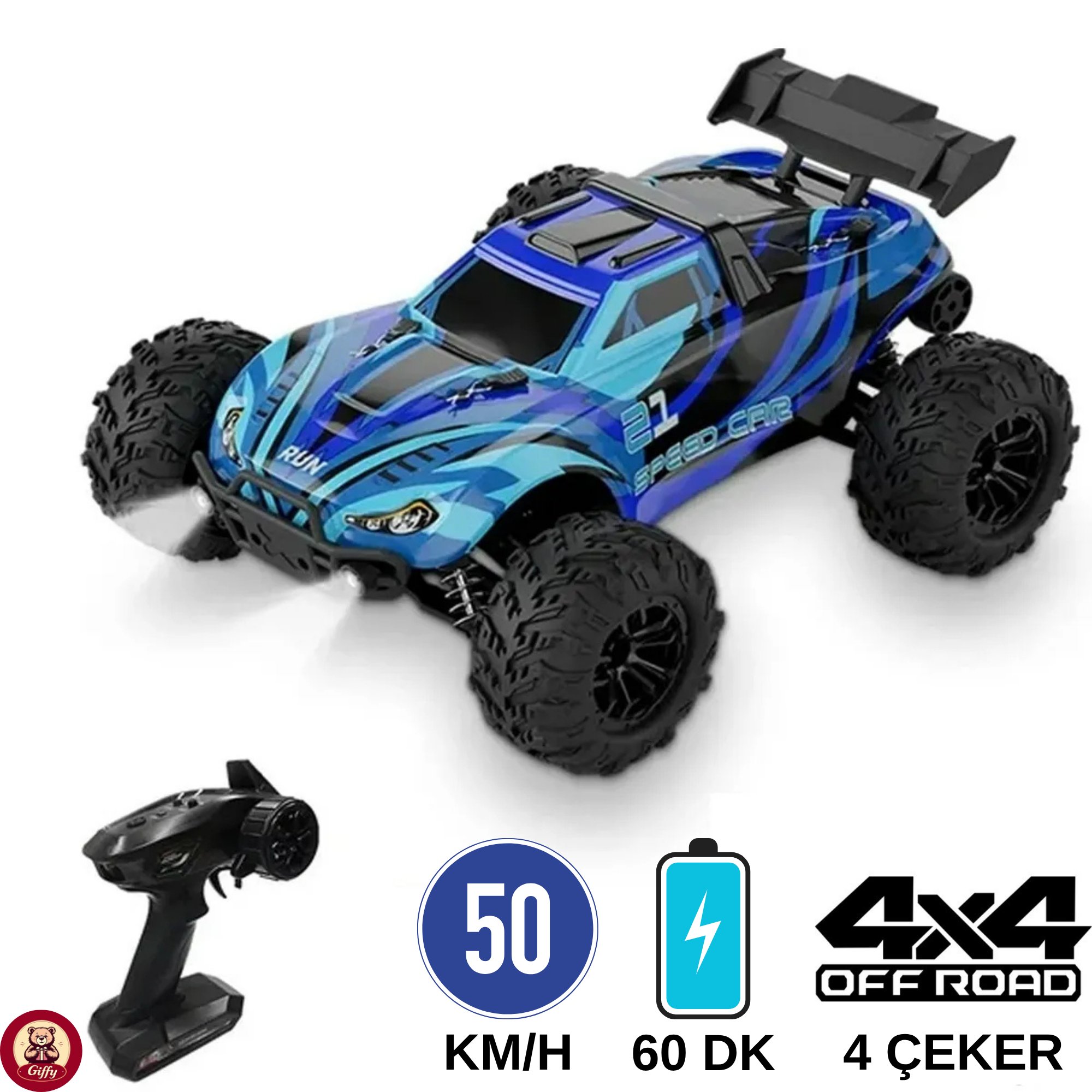 Uzaktan Kumandalı 50 Km/Hız Yapan RC Araba, SUV 4X4 Full İç Metal Kasa Şarjlı Fonksiyonlu Dev Araba (Mavi)