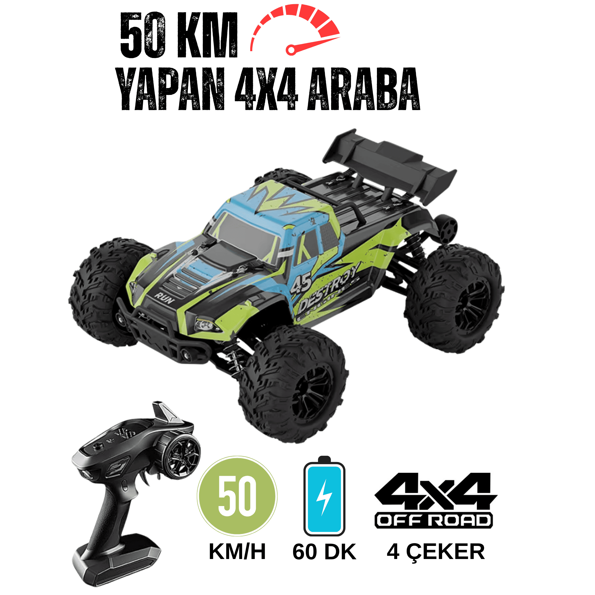 Uzaktan Kumandalı 50 Km/hız Yapan Rc Araba, Suv 4x4 Full Iç Metal Kasa Şarjlı Fonksiyonlu Dev Araba Mor