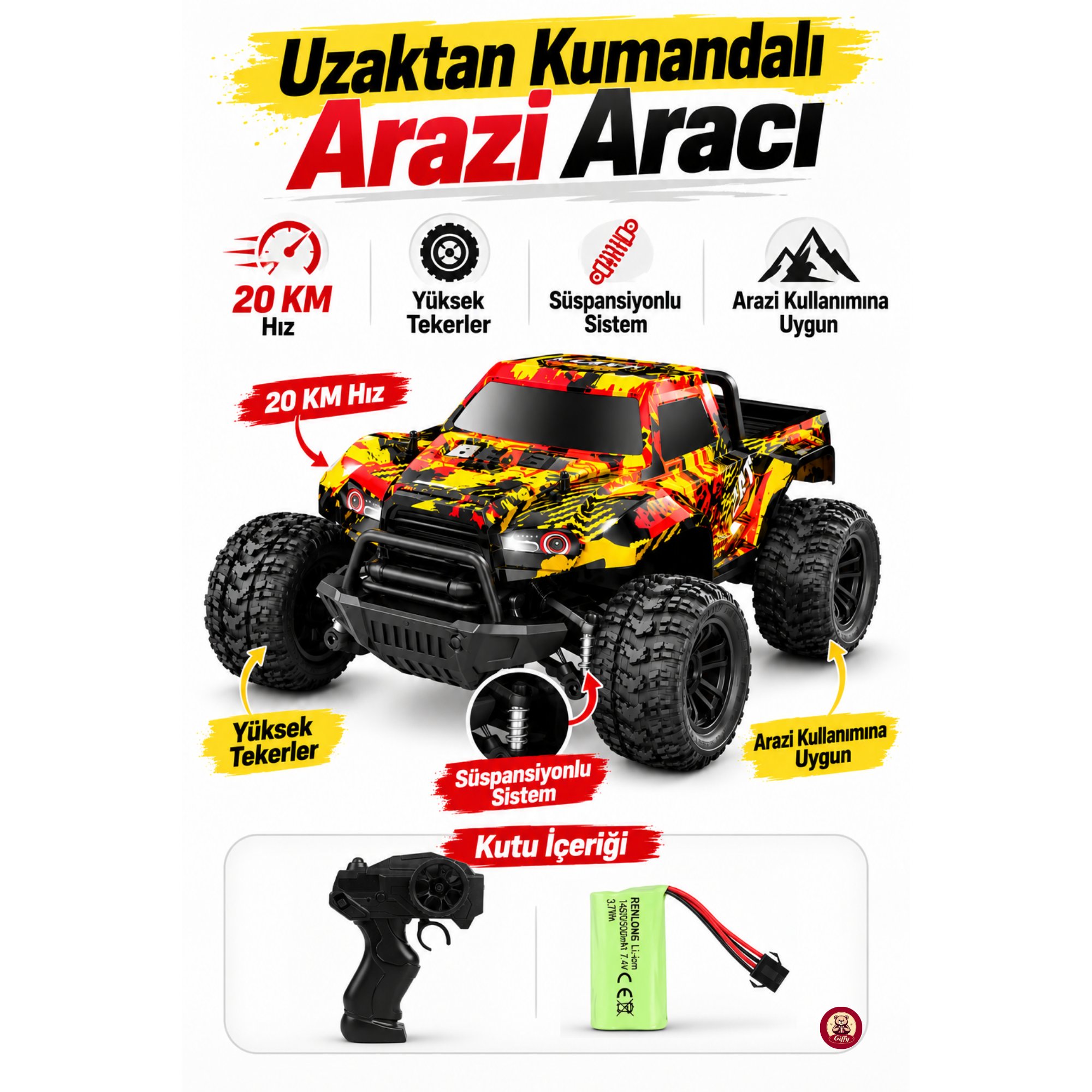 Uzaktan Kumandalı Arazi Aracı 20 Km Hız 2.4 GHz Şarjlı Süspansiyonlu Büyük Teker LED Işıklı RC Araba 30 Cm (Sarı)