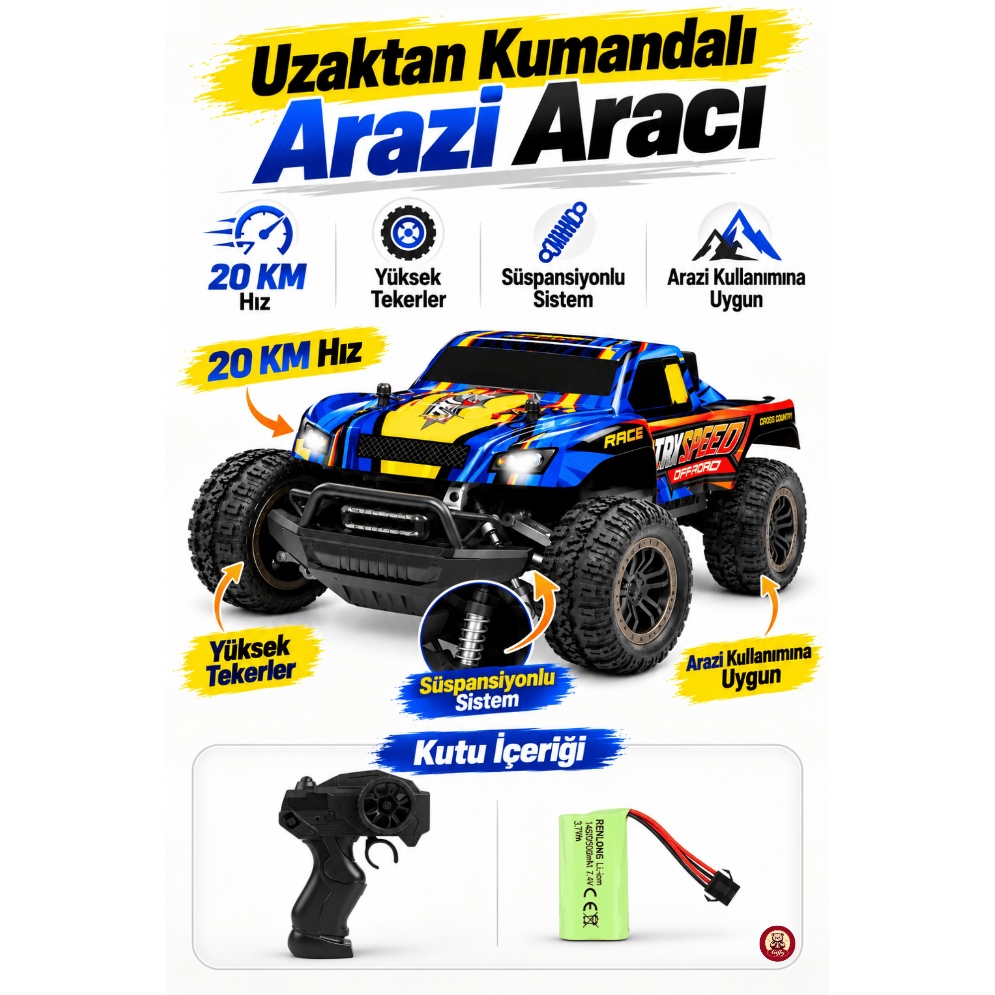 Uzaktan Kumandalı Arazi Aracı 20 Km Hız 2.4 GHz Şarjlı Süspansiyonlu Büyük Teker LED Işıklı RC Araba 30 Cm (Mavi)