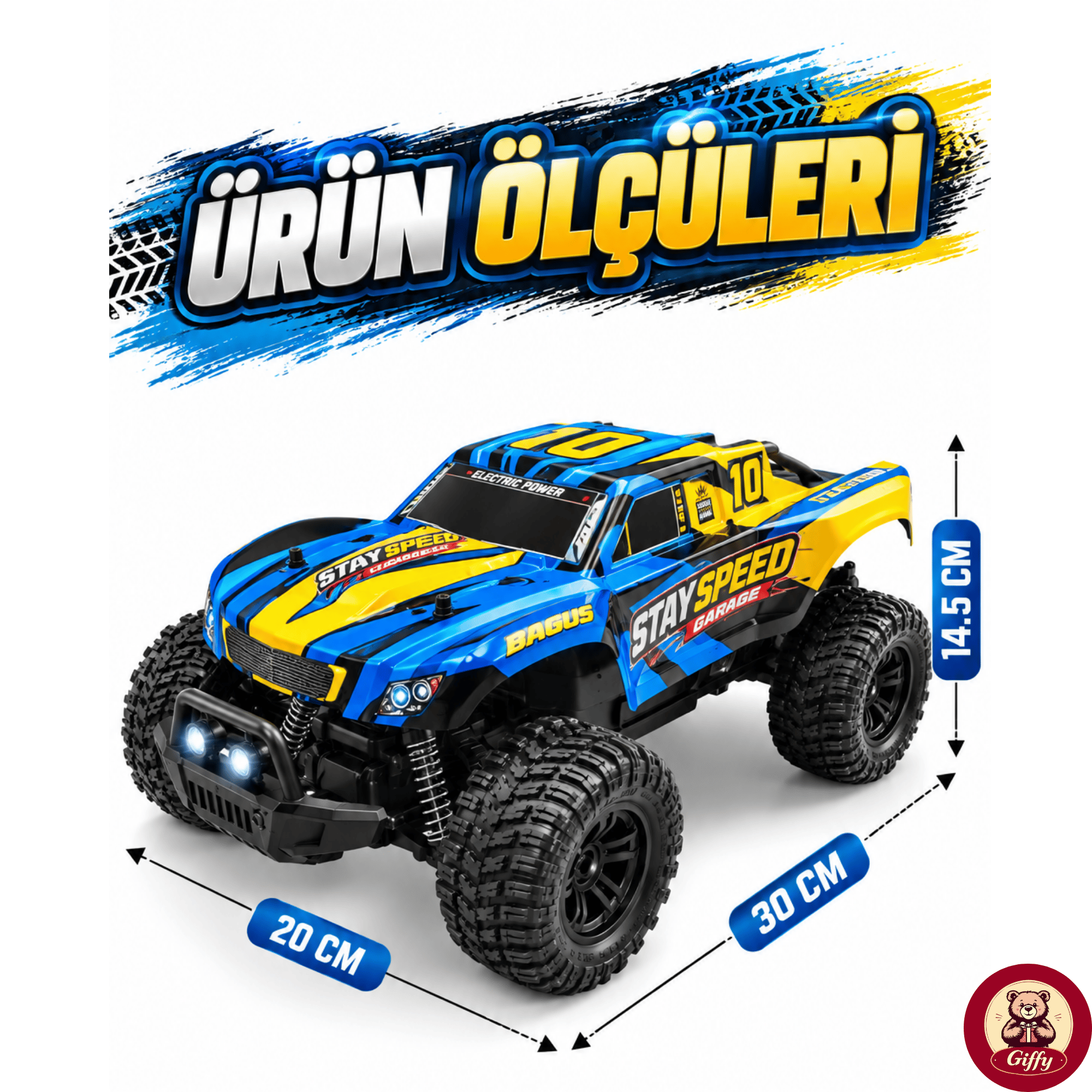 Uzaktan Kumandalı Arazi Aracı 20 Km Hız 2.4 GHz Şarjlı Süspansiyonlu Büyük Teker LED Işıklı RC Araba 30 Cm (Mavi)