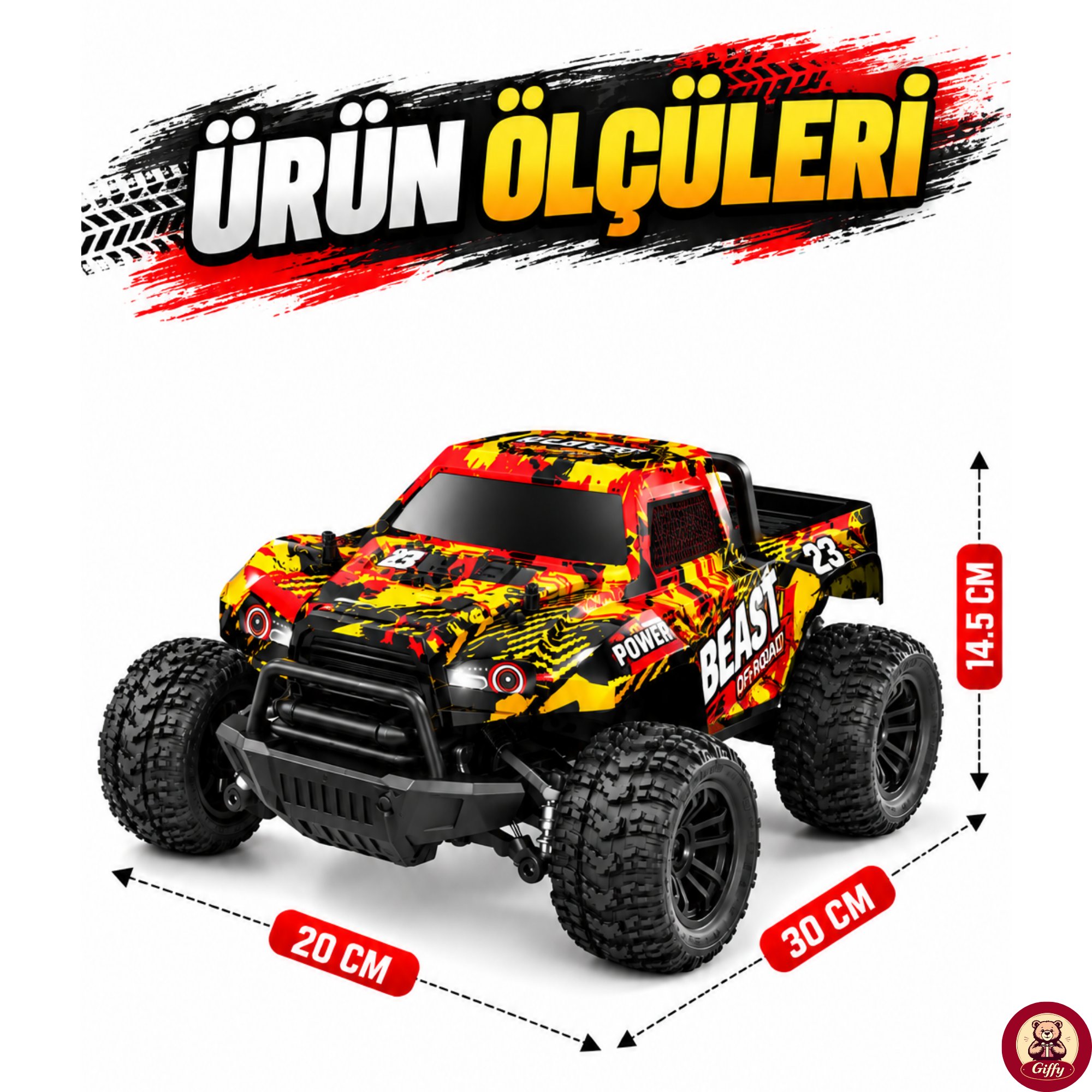 Uzaktan Kumandalı Arazi Aracı 20 Km Hız 2.4 GHz Şarjlı Süspansiyonlu Büyük Teker LED Işıklı RC Araba 30 Cm (Sarı)