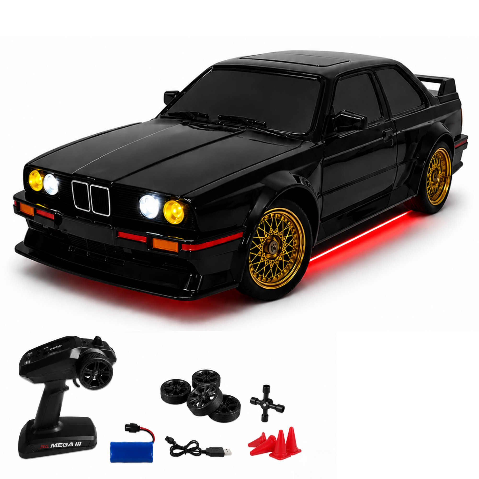 Uzaktan Kumandalı BMW E30 Drift Arabası Retro Efsane Kasa 30 KM/H Sürat Yapabilen 4x4 Şarjlı Hız Ayarlı LED Işıklı 7 Farklı Renk 2 Farklı Mod (Siyah)