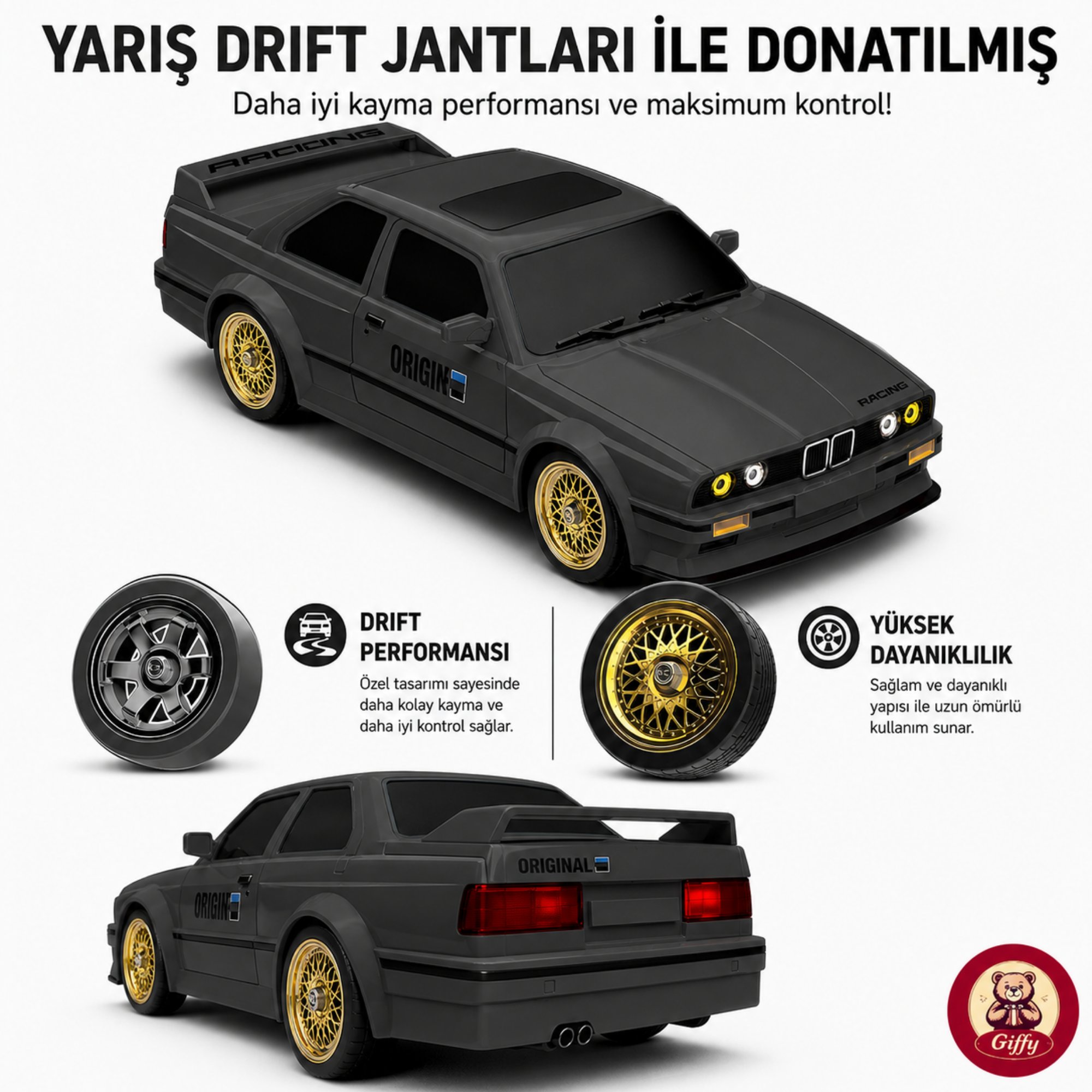 Uzaktan Kumandalı BMW E30 Drift Arabası Retro Efsane Kasa 30 KM/H Sürat Yapabilen 4x4 Şarjlı Hız Ayarlı LED Işıklı 7 Farklı Renk 2 Farklı Mod (Siyah)