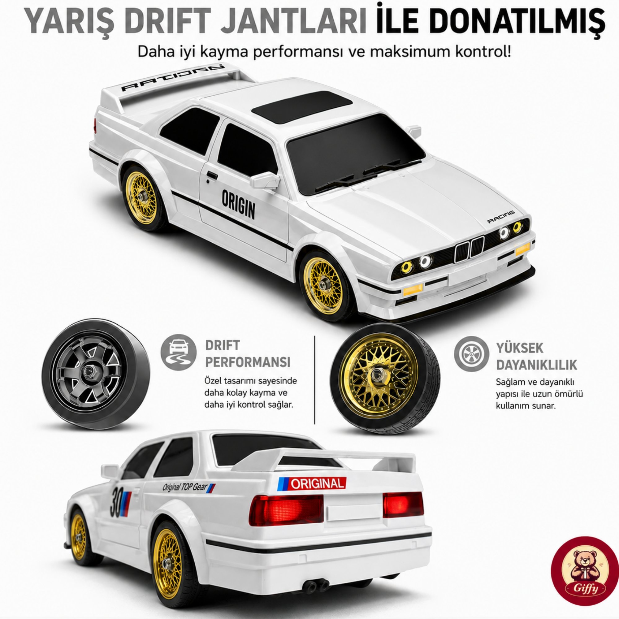 Uzaktan Kumandalı BMW E30 Drift Arabası Retro Efsane Kasa 30 KM/H Sürat Yapabilen 4x4 Şarjlı Hız Ayarlı LED Işıklı 7 Farklı Renk 2 Farklı Mod (BEYAZ)