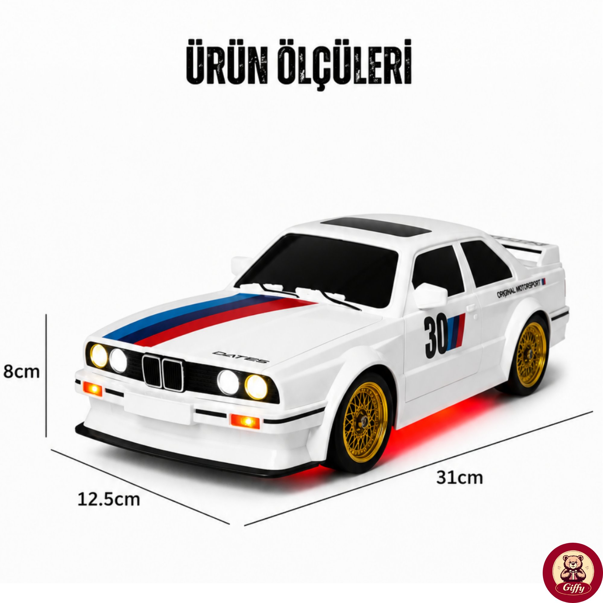 Uzaktan Kumandalı BMW E30 Drift Arabası Retro Efsane Kasa 30 KM/H Sürat Yapabilen 4x4 Şarjlı Hız Ayarlı LED Işıklı 7 Farklı Renk 2 Farklı Mod (BEYAZ)