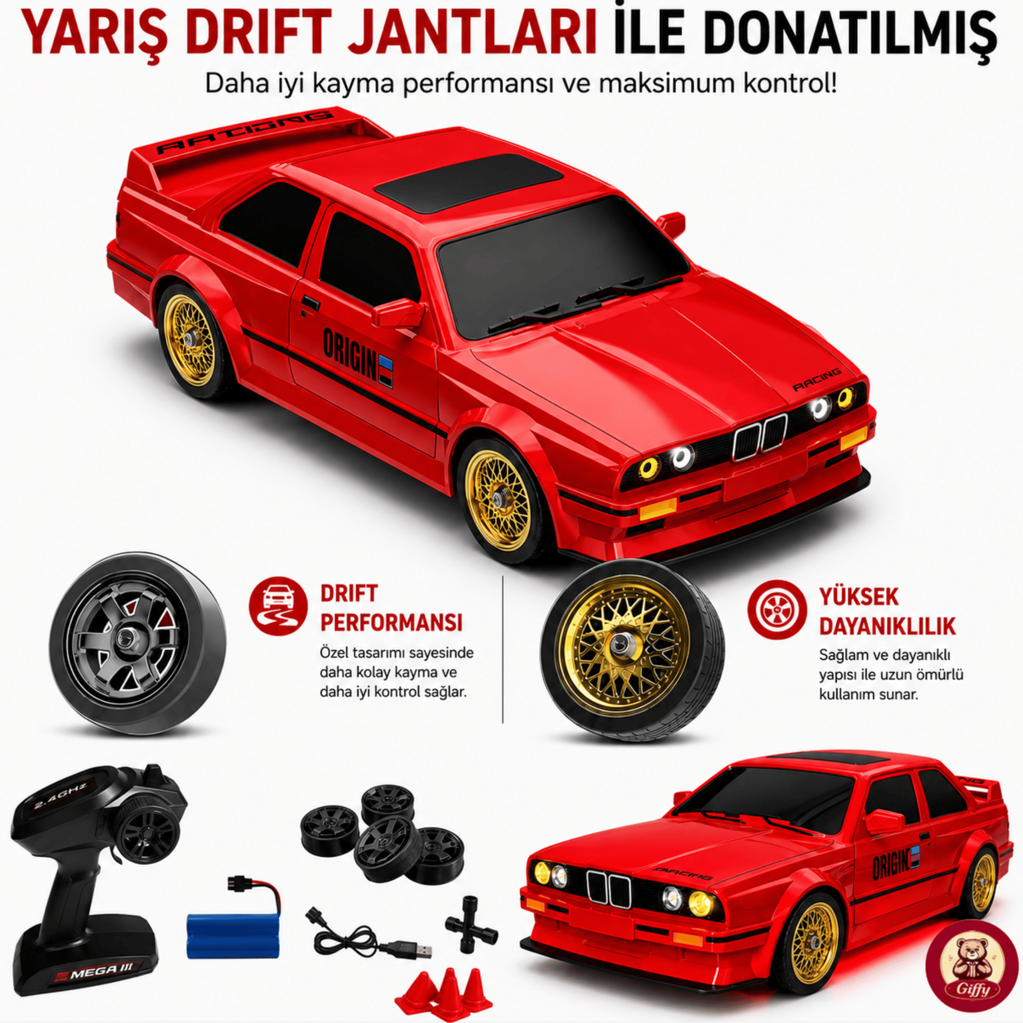 Uzaktan Kumandalı BMW E30 Drift Arabası Retro Efsane Kasa 30 KM/H Sürat Yapabilen 4x4 Şarjlı Hız Ayarlı LED Işıklı 7 Farklı Renk 2 Farklı Mod (Kırmızı)