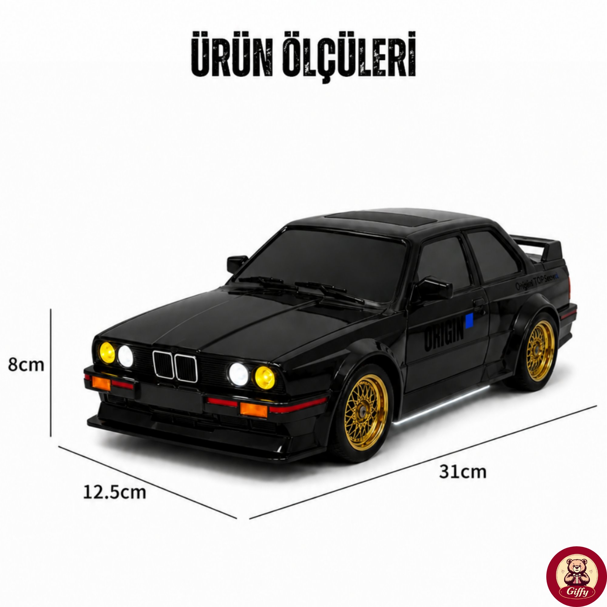 Uzaktan Kumandalı BMW E30 Drift Arabası Retro Efsane Kasa 30 KM/H Sürat Yapabilen 4x4 Şarjlı Hız Ayarlı LED Işıklı 7 Farklı Renk 2 Farklı Mod (Siyah)