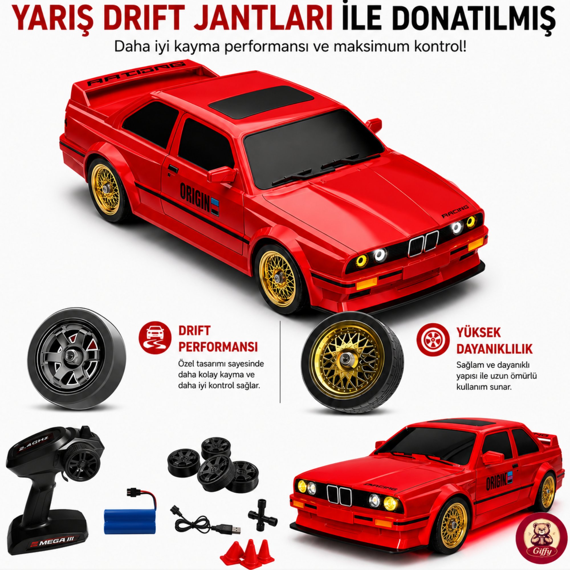 Uzaktan Kumandalı BMW E30 Drift Arabası Retro Efsane Kasa 30 KM/H Sürat Yapabilen 4x4 Şarjlı Hız Ayarlı LED Işıklı 7 Farklı Renk 2 Farklı Mod (KIRMIZI)