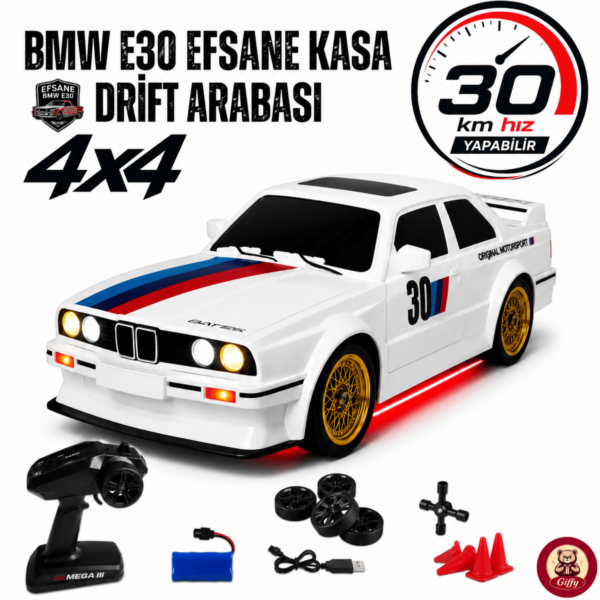 Uzaktan Kumandalı BMW E30 Drift Arabası Retro Efsane Kasa 30 KM/H Sürat Yapabilen 4x4 Şarjlı Hız Ayarlı LED Işıklı 7 Farklı Renk 2 Farklı Mod (Beyaz)