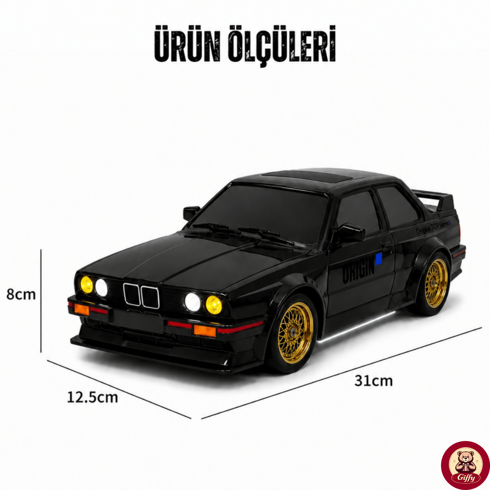 Uzaktan Kumandalı BMW E30 Drift Arabası Retro Efsane Kasa 30 KM/H Sürat Yapabilen 4x4 Şarjlı Hız Ayarlı LED Işıklı 7 Farklı Renk 2 Farklı Mod (Siyah)