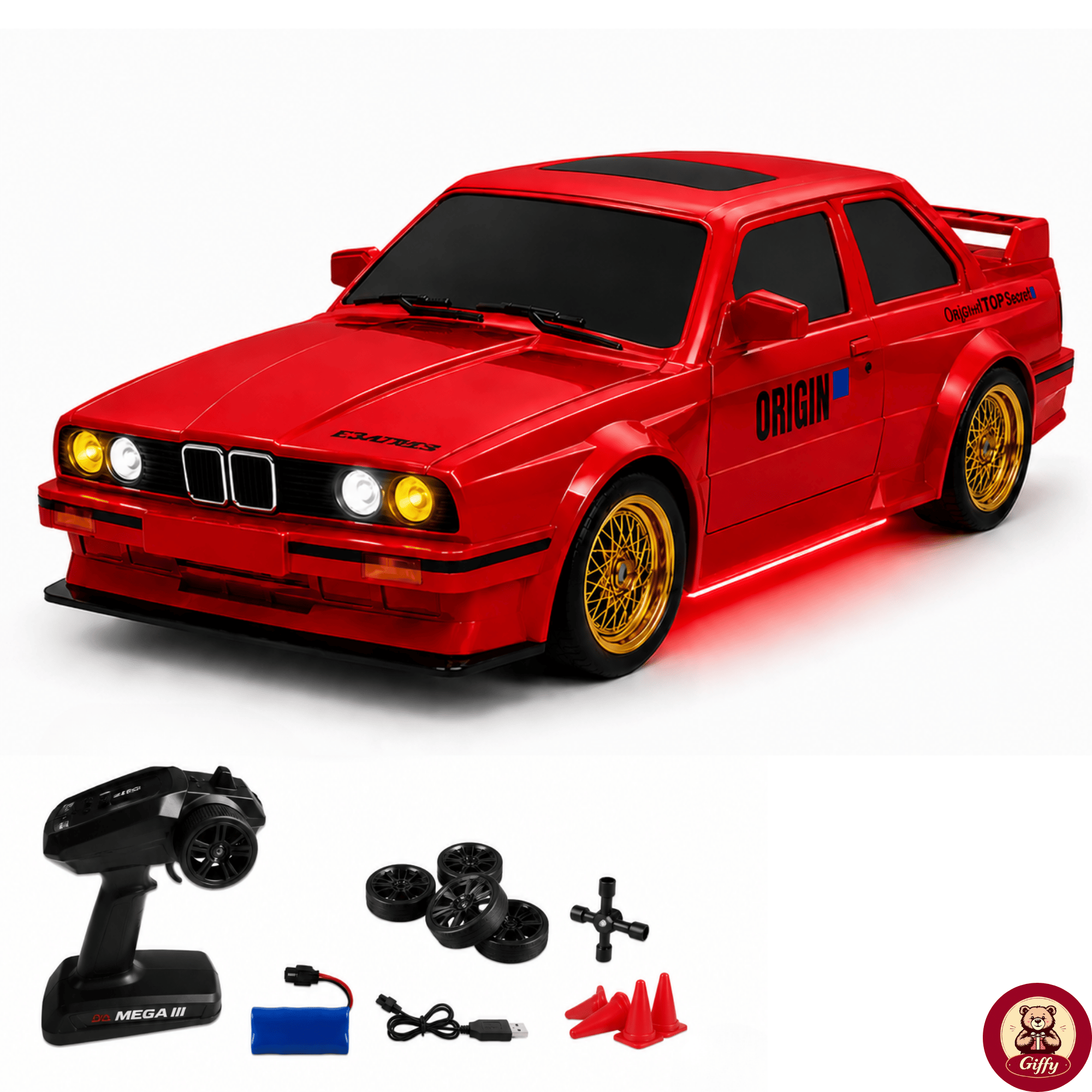 Uzaktan Kumandalı BMW E30 Drift Arabası Retro Efsane Kasa 30 KM/H Sürat Yapabilen 4x4 Şarjlı Hız Ayarlı LED Işıklı 7 Farklı Renk 2 Farklı Mod (Kırmızı)