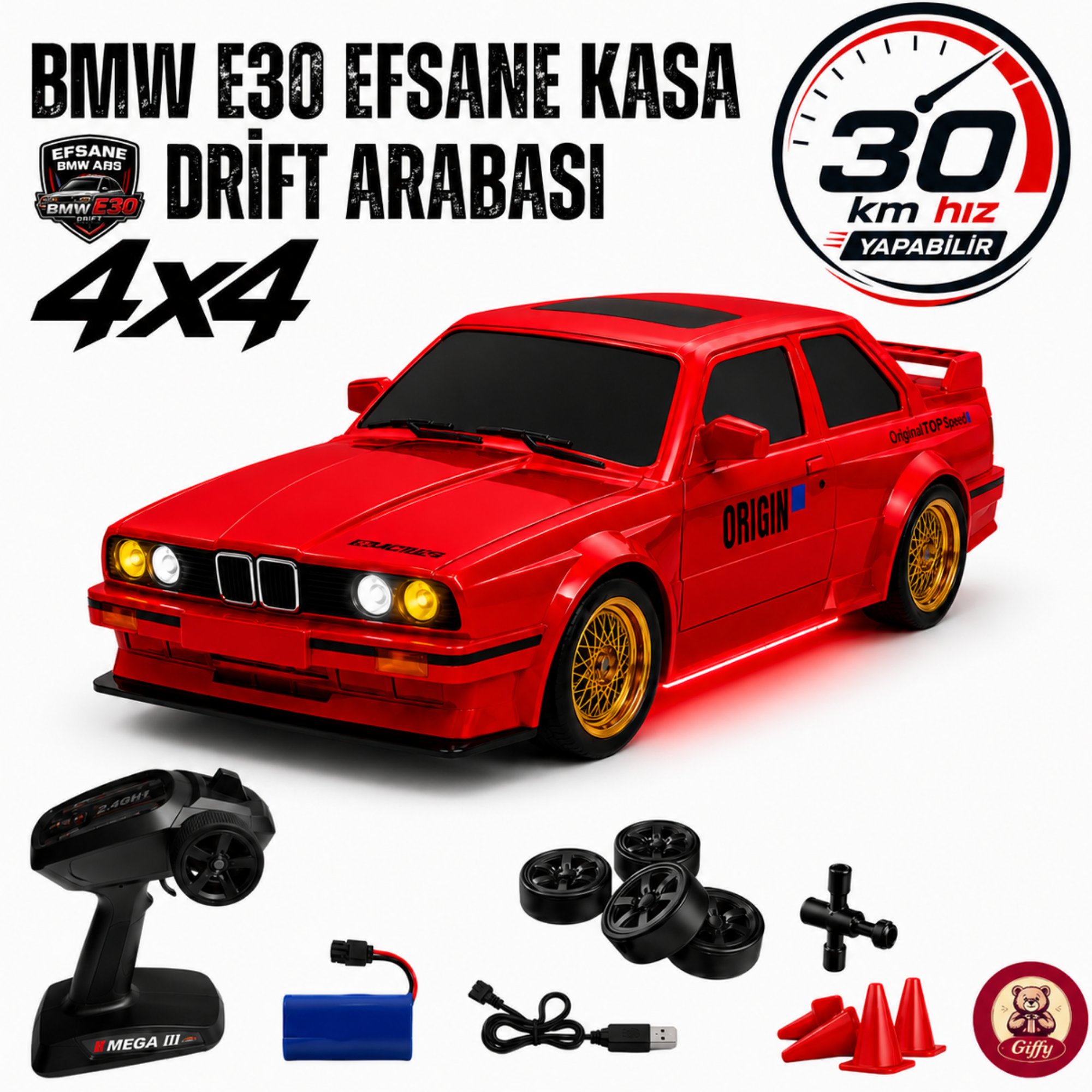Uzaktan Kumandalı BMW E30 Drift Arabası Retro Efsane Kasa 30 KM/H Sürat Yapabilen 4x4 Şarjlı Hız Ayarlı LED Işıklı 7 Farklı Renk 2 Farklı Mod (KIRMIZI)