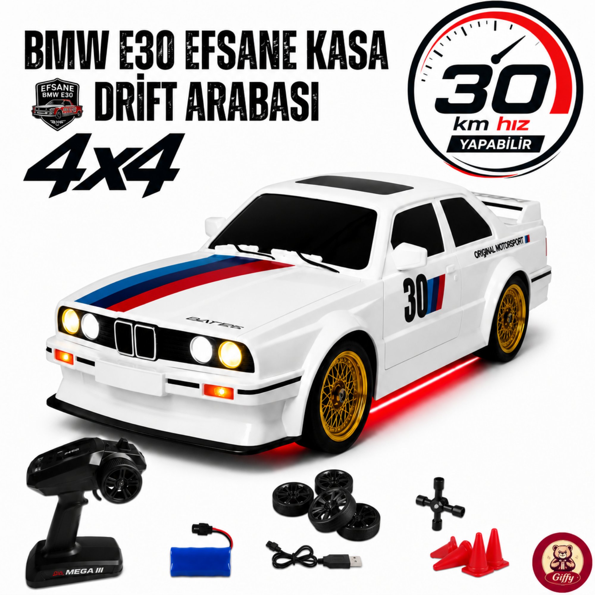 Uzaktan Kumandalı BMW E30 Drift Arabası Retro Efsane Kasa 30 KM/H Sürat Yapabilen 4x4 Şarjlı Hız Ayarlı LED Işıklı 7 Farklı Renk 2 Farklı Mod (BEYAZ)