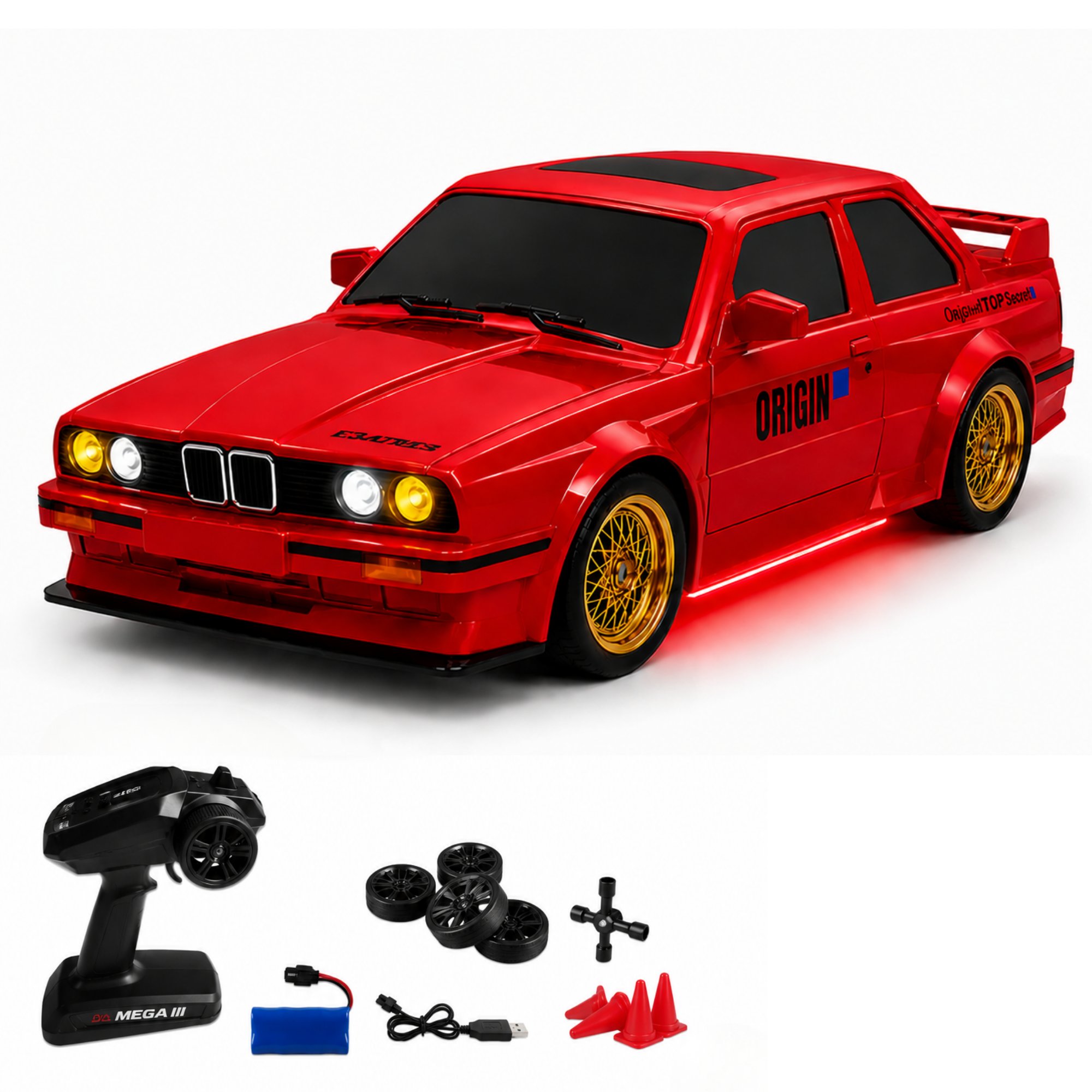 Uzaktan Kumandalı BMW E30 Drift Arabası Retro Efsane Kasa 30 KM/H Sürat Yapabilen 4x4 Şarjlı Hız Ayarlı LED Işıklı 7 Farklı Renk 2 Farklı Mod (KIRMIZI)