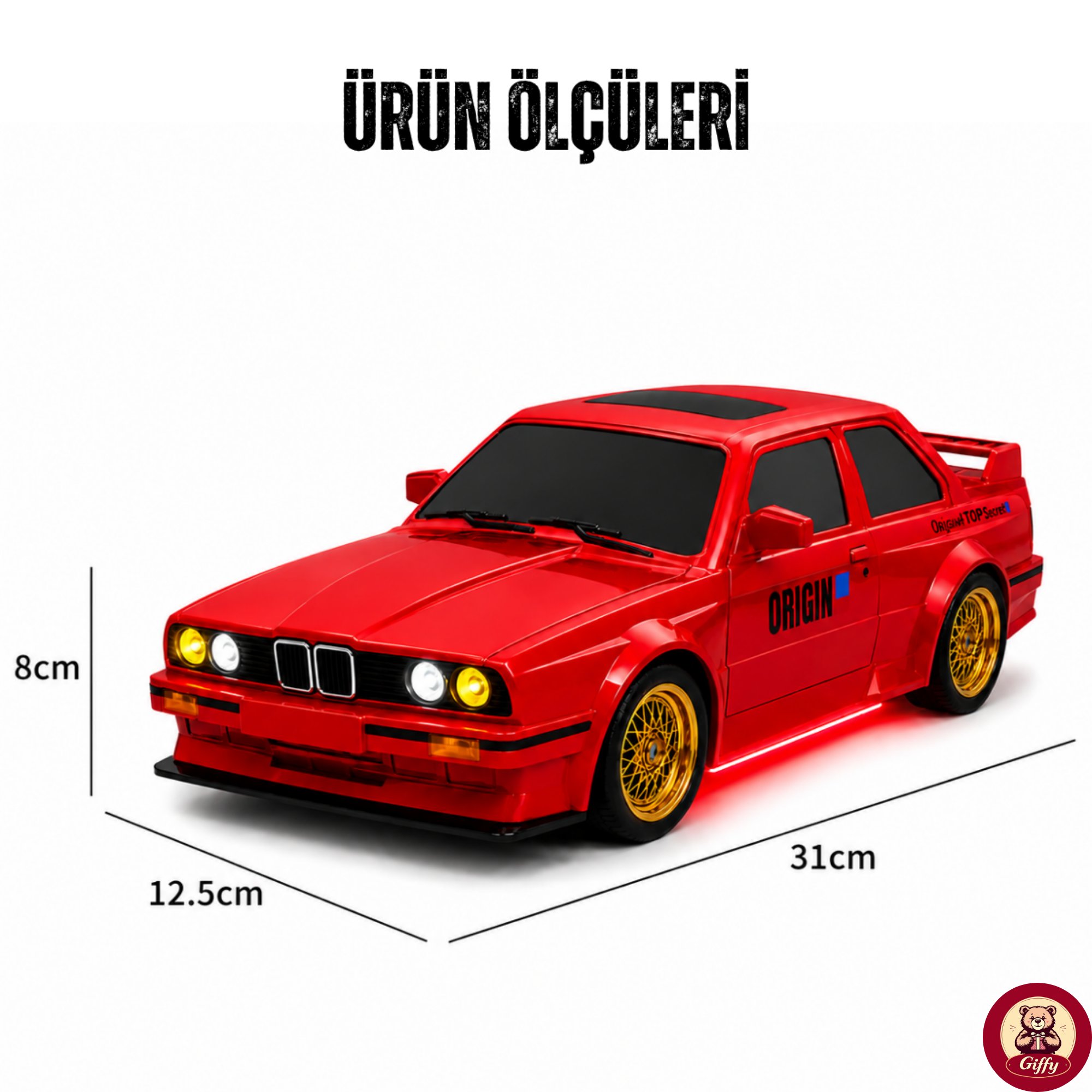 Uzaktan Kumandalı BMW E30 Drift Arabası Retro Efsane Kasa 30 KM/H Sürat Yapabilen 4x4 Şarjlı Hız Ayarlı LED Işıklı 7 Farklı Renk 2 Farklı Mod (KIRMIZI)