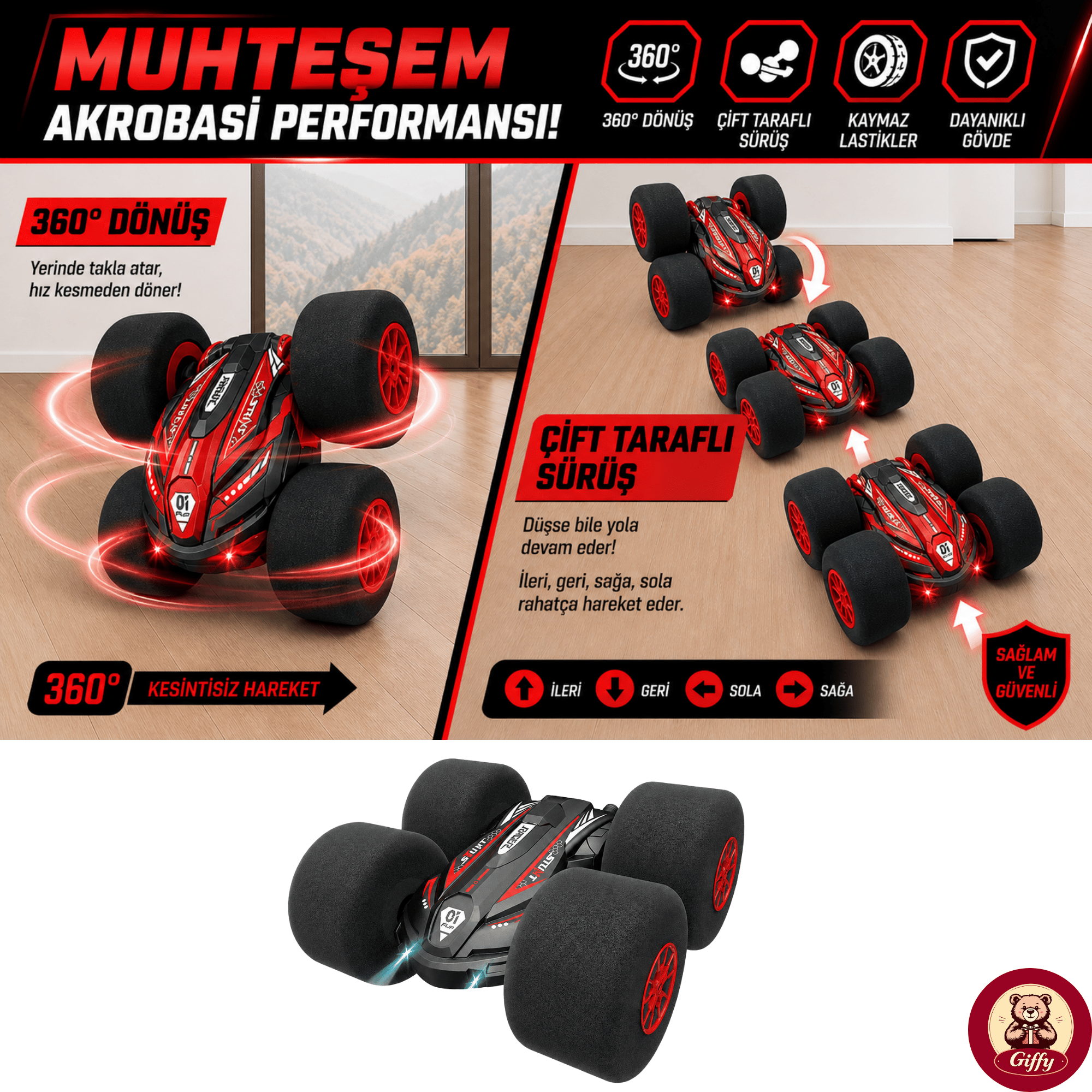 Uzaktan Kumandalı Kırılmaz Sünger Teker 20 KM/H Yapabilen 4X4 Akrobatik Drift RC Araba LED Işıklı 360° Dönebilen Şarjlı 2.4GHz Takla Atabilen
