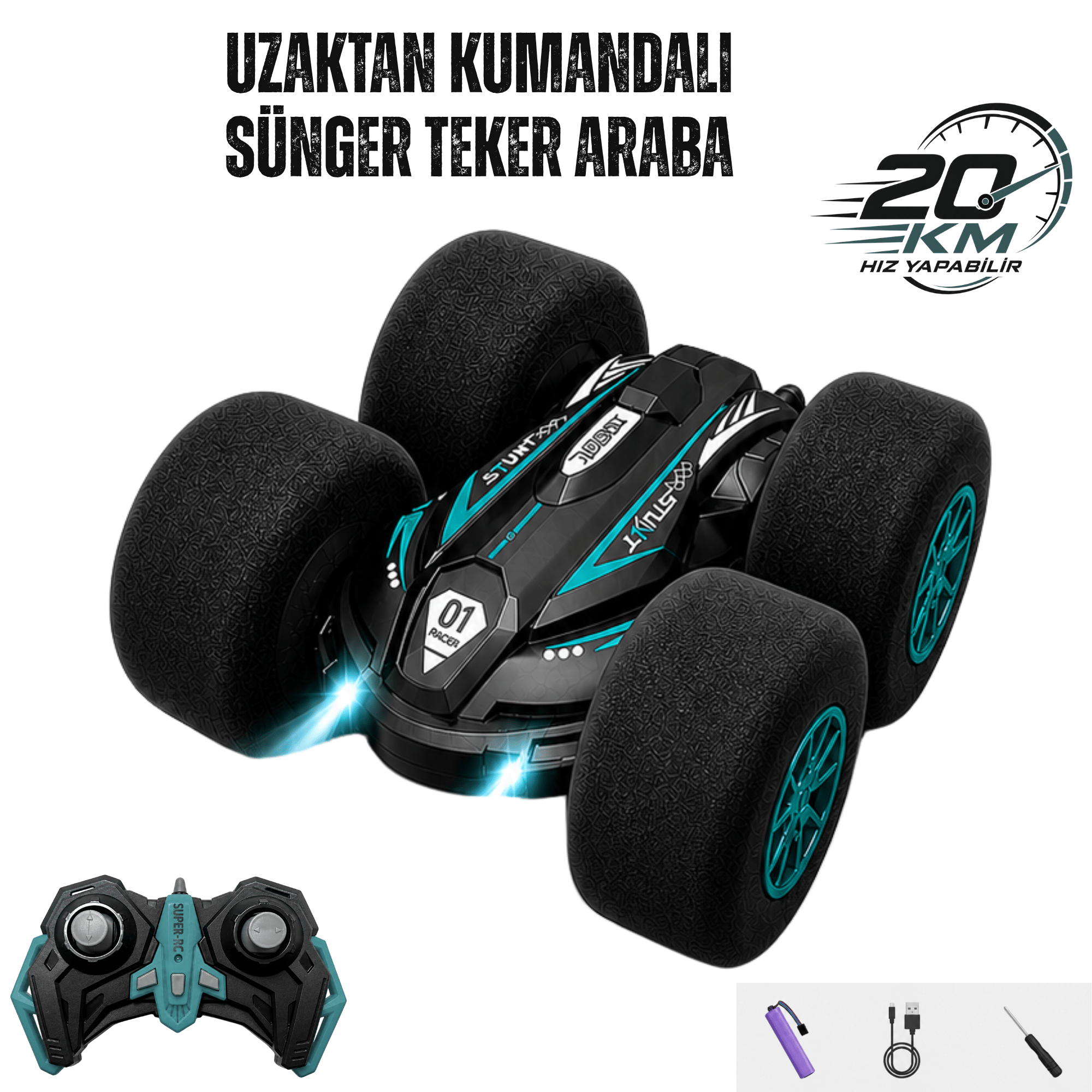 Uzaktan Kumandalı Kırılmaz Sünger Teker 20 KM/H Yapabilen 4X4 Akrobatik Drift RC Araba LED Işıklı 360° Dönebilen Şarjlı 2.4GHz Takla Atabilen