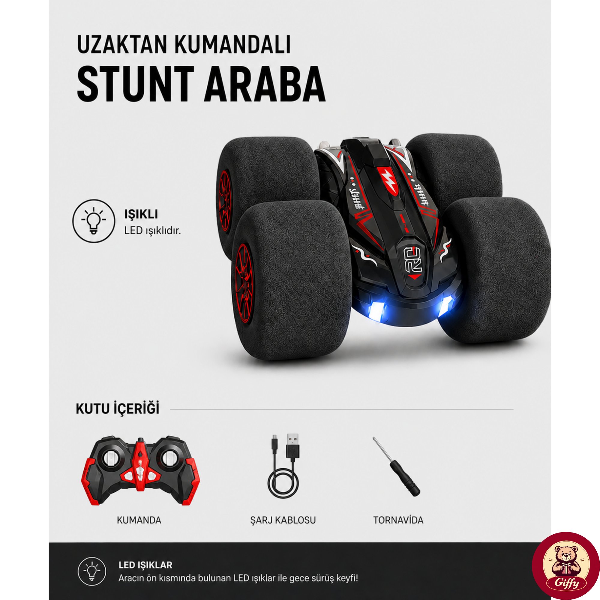 Uzaktan Kumandalı Kırılmaz Sünger Teker 20 KM/H Yapabilen 4X4 Akrobatik Drift RC Araba LED Işıklı 360° Dönebilen Şarjlı 2.4GHz Takla Atabilen