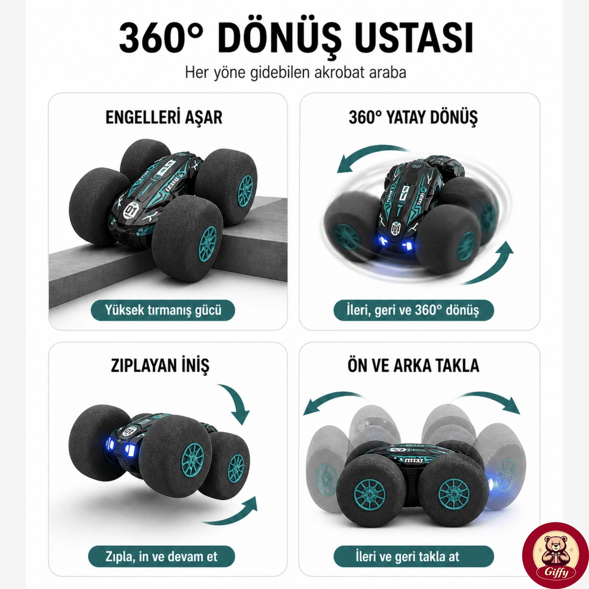 Uzaktan Kumandalı Kırılmaz Sünger Teker 20 KM/H Yapabilen 4X4 Akrobatik Drift RC Araba LED Işıklı 360° Dönebilen Şarjlı 2.4GHz Takla Atabilen
