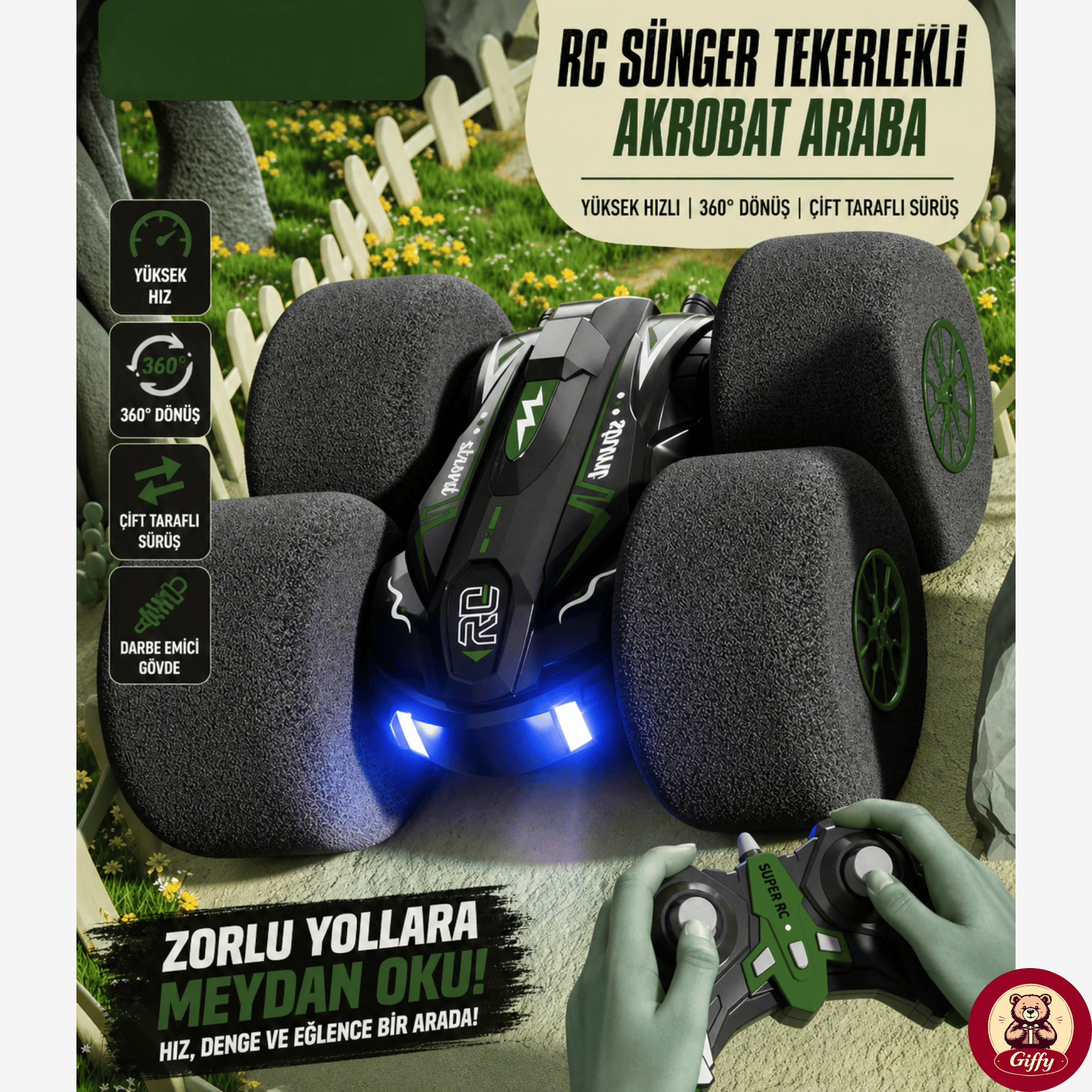 Uzaktan Kumandalı Kırılmaz Sünger Teker 20 KM/H Yapabilen 4X4 Akrobatik Drift RC Araba LED Işıklı 360° Dönebilen Şarjlı 2.4GHz Takla Atabilen