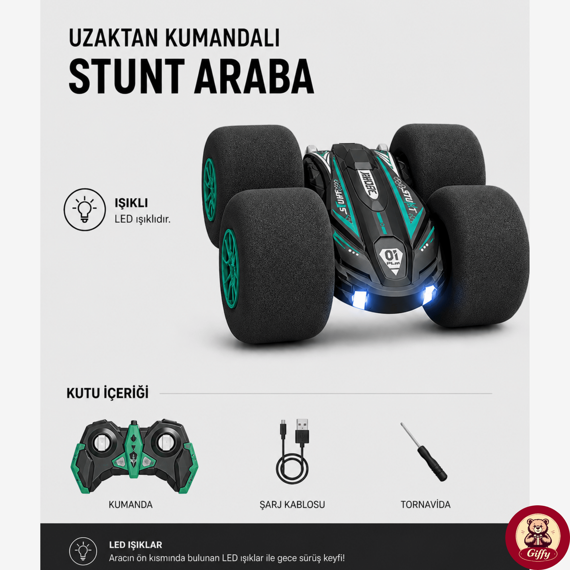 Uzaktan Kumandalı Kırılmaz Sünger Teker 20 KM/H Yapabilen 4X4 Akrobatik Drift RC Araba LED Işıklı 360° Dönebilen Şarjlı 2.4GHz Takla Atabilen