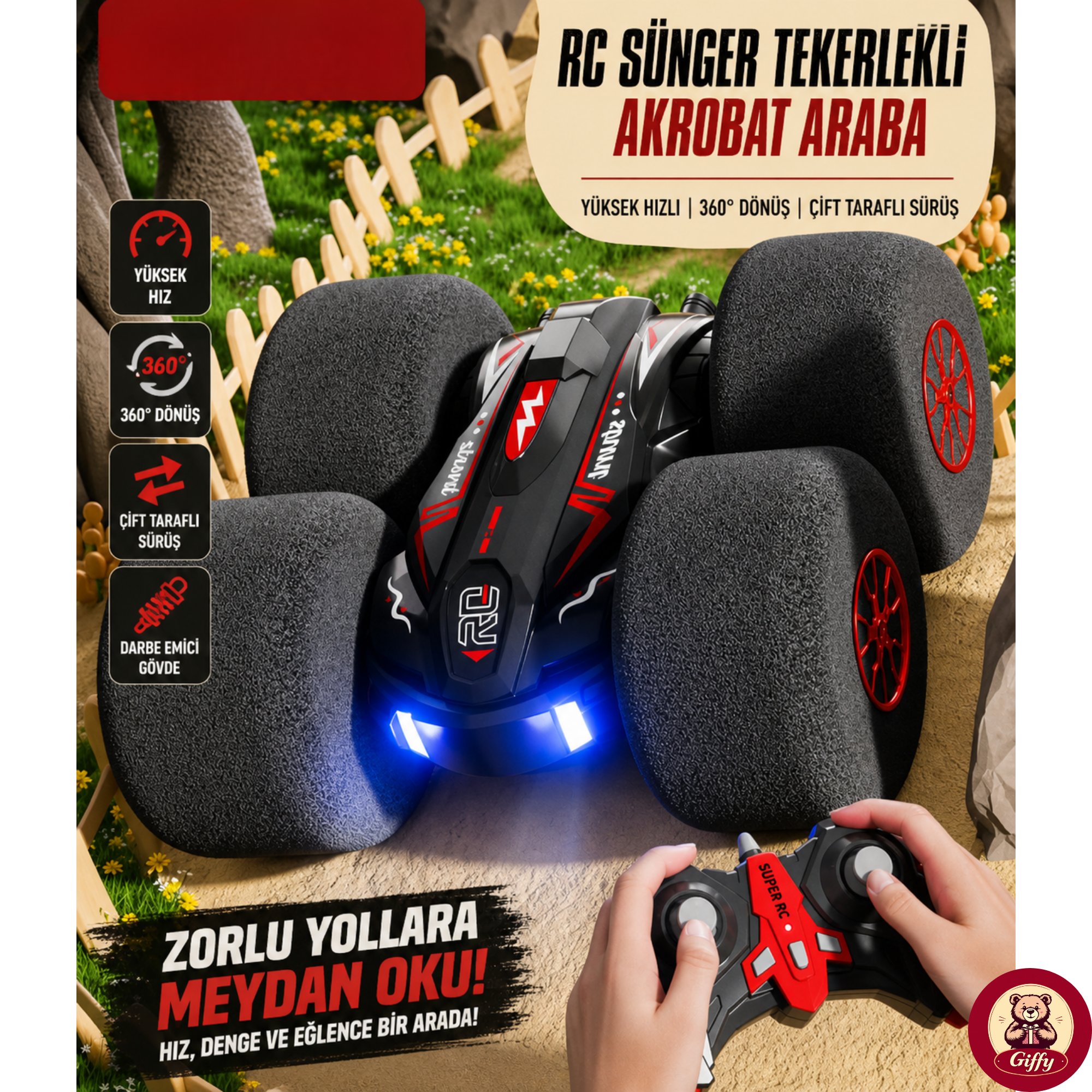 Uzaktan Kumandalı Kırılmaz Sünger Teker 20 KM/H Yapabilen 4X4 Akrobatik Drift RC Araba LED Işıklı 360° Dönebilen Şarjlı 2.4GHz Takla Atabilen