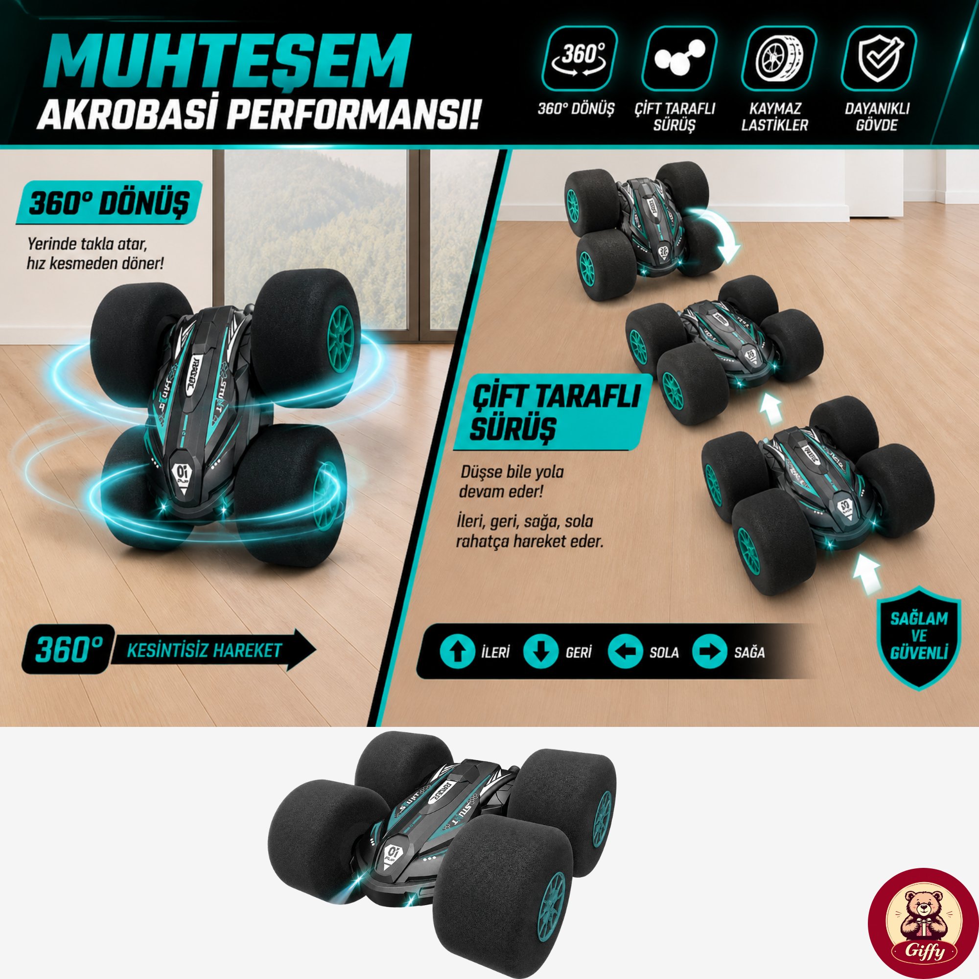 Uzaktan Kumandalı Kırılmaz Sünger Teker 20 KM/H Yapabilen 4X4 Akrobatik Drift RC Araba LED Işıklı 360° Dönebilen Şarjlı 2.4GHz Takla Atabilen